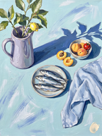 Set of 2 Canvas Prints – Oysters and Lemons & Sardines on the Table | Mediterranean Still Life Wall Art