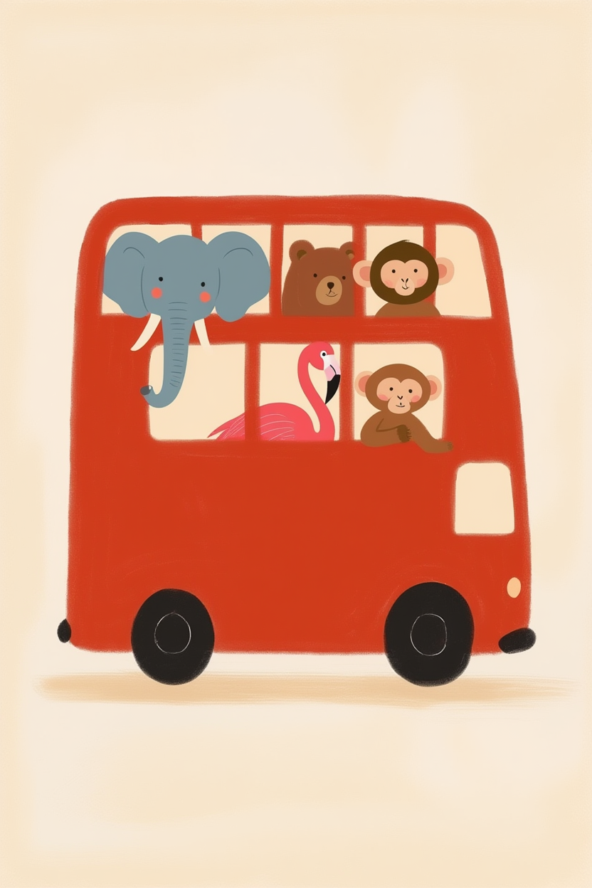 Animals on the Bus – Whimsical Minimalist Art Print
