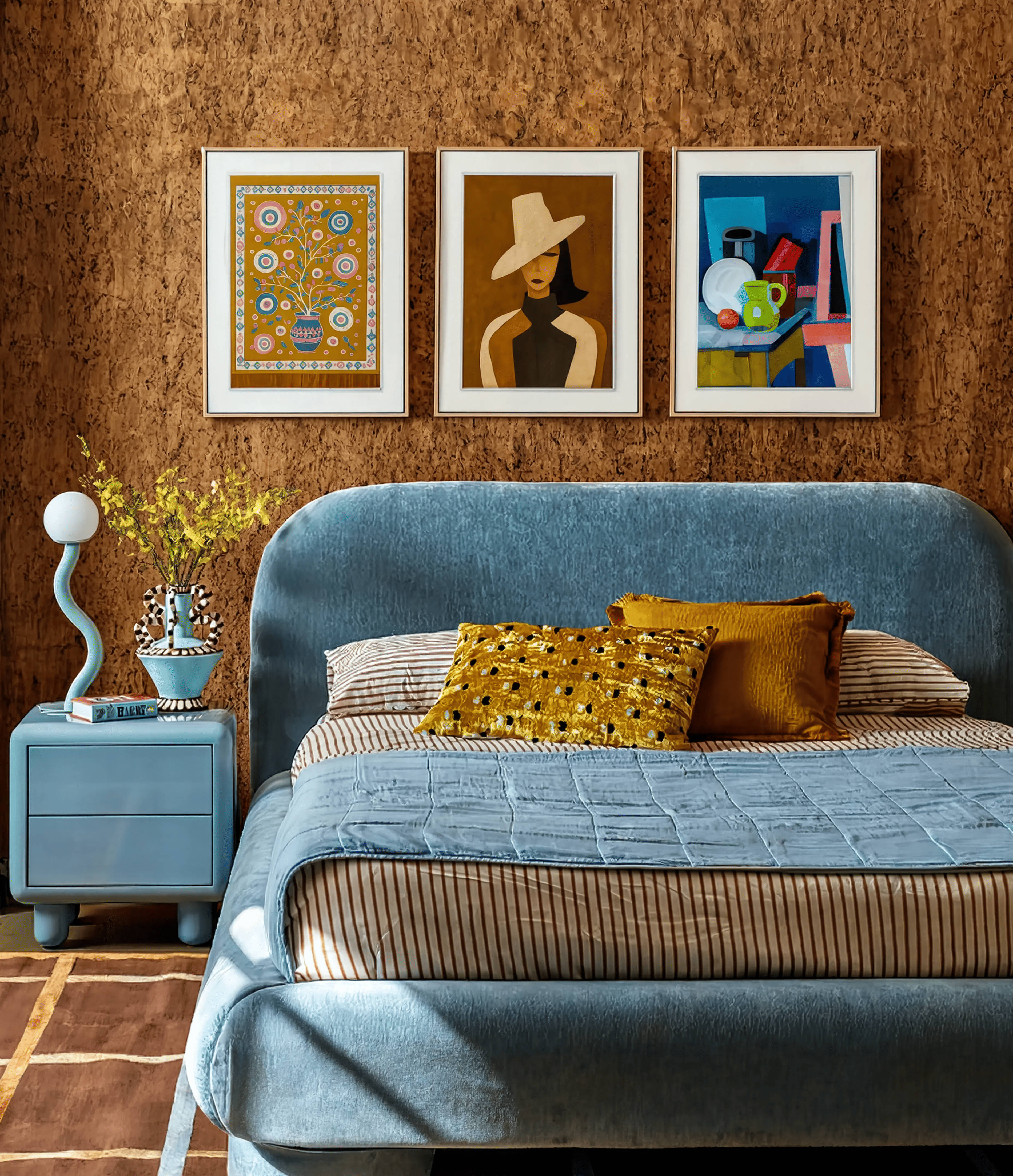 Set of 3 Earthy Folk Portrait II, Folk Bloom Panel & Vilhelm Lundstrøm – Arrangement with Orange, Jar and Yellow Jug | Contemporary Figurative, Botanical & Still Life Wall Art Prints