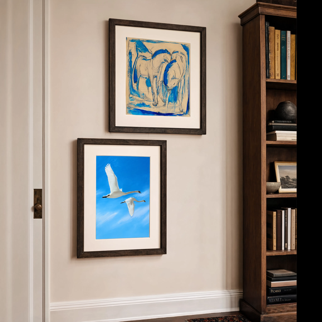 Set of 2 Wall Art Prints – Flying Swans Nature Scene & Franz Marc Expressionist Horses Collection