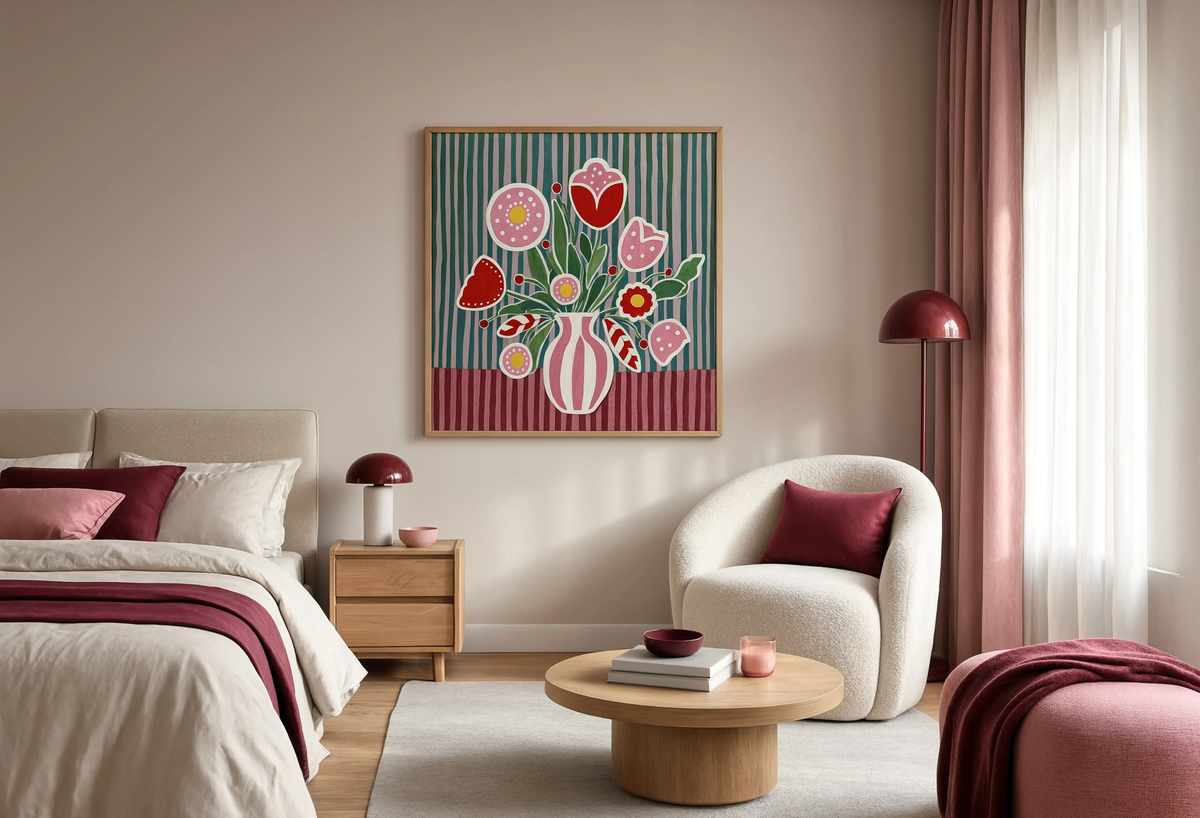 Pink Folk Floral Variation II | Contemporary Folk Botanical Wall Art Print