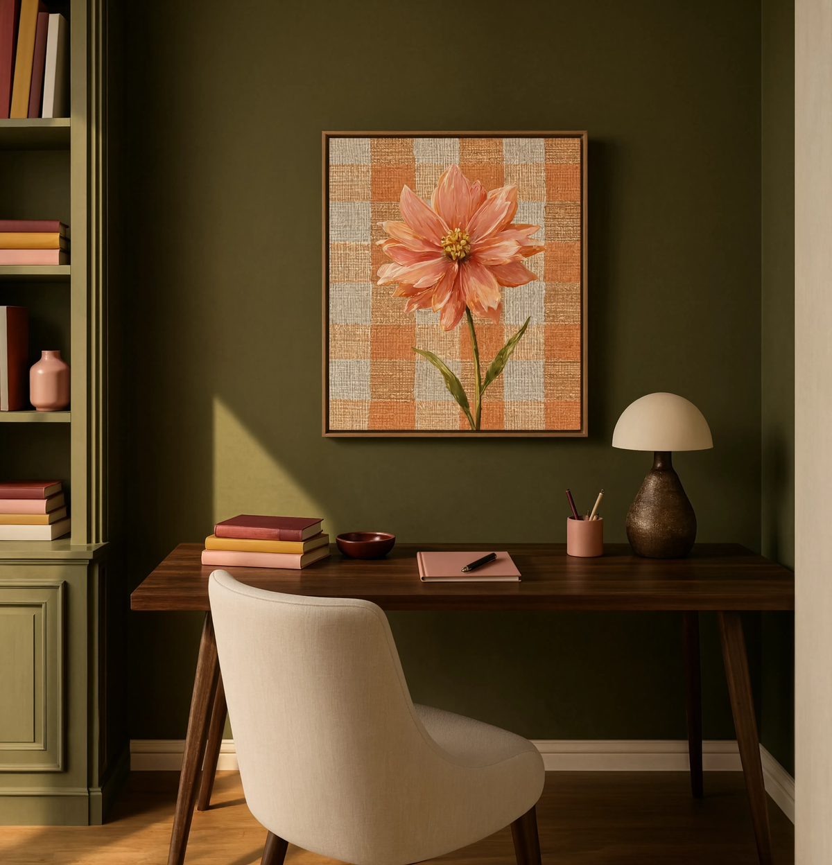 Coral Bloom on Gingham Linen Variation | Contemporary Floral Wall Art Print