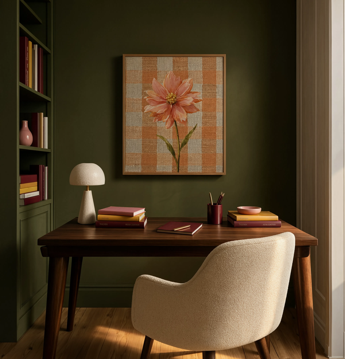 Coral Bloom on Gingham Linen Variation | Contemporary Floral Wall Art Print