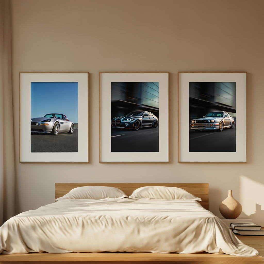 Famous BMW Cars Gallery – Light Grey Scandinavian Bedroom – Set of 3 - Hakyarts