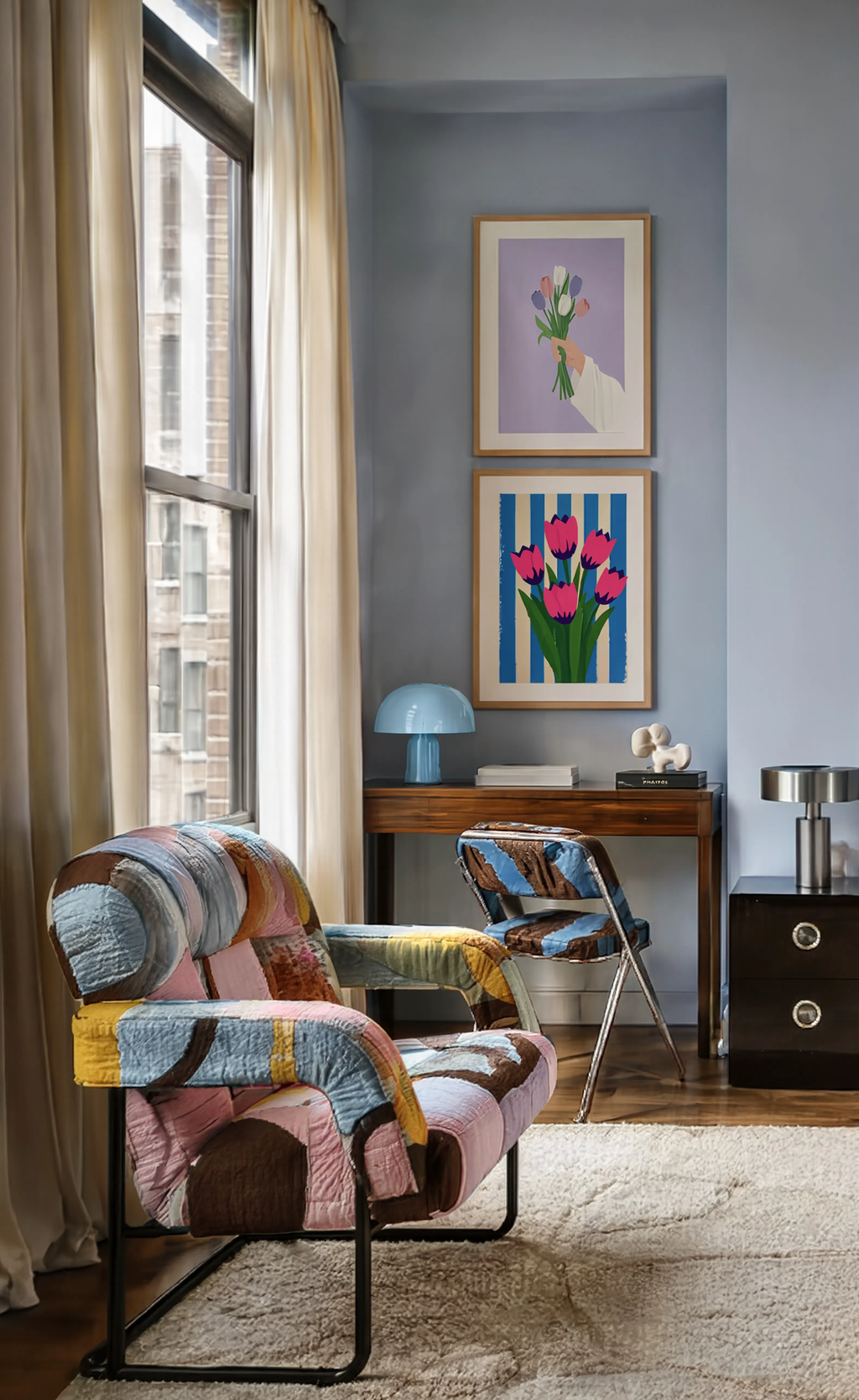 Set of 2 Tulips Pink Blooms Variation + Hand Me Flowers | Contemporary Floral Wall Art Prints