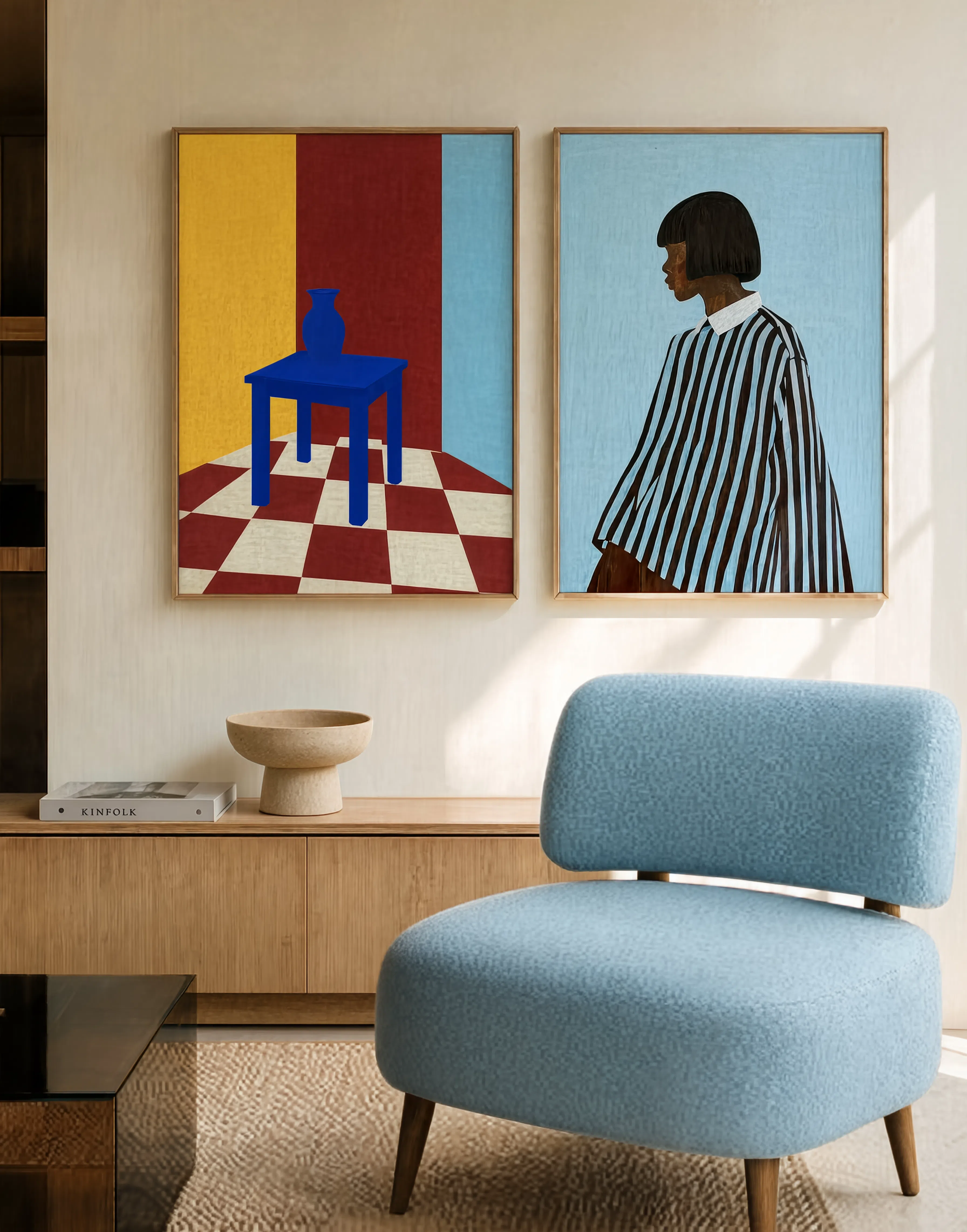 Set of 2 Figurative Striped Shirt Print + Blue Table Interior | Contemporary Figurative & Still Life Wall Art Prints