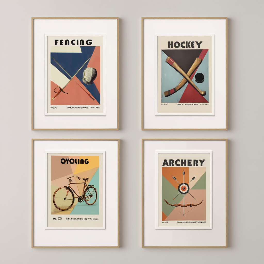 Set of 4 Sports Art Prints – Archery, Fencing, Cycling & Hockey – Modern Wall Decor - Hakyarts
