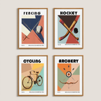 Set of 4 Sports Art Prints – Archery, Fencing, Cycling & Hockey – Modern Wall Decor - Hakyarts