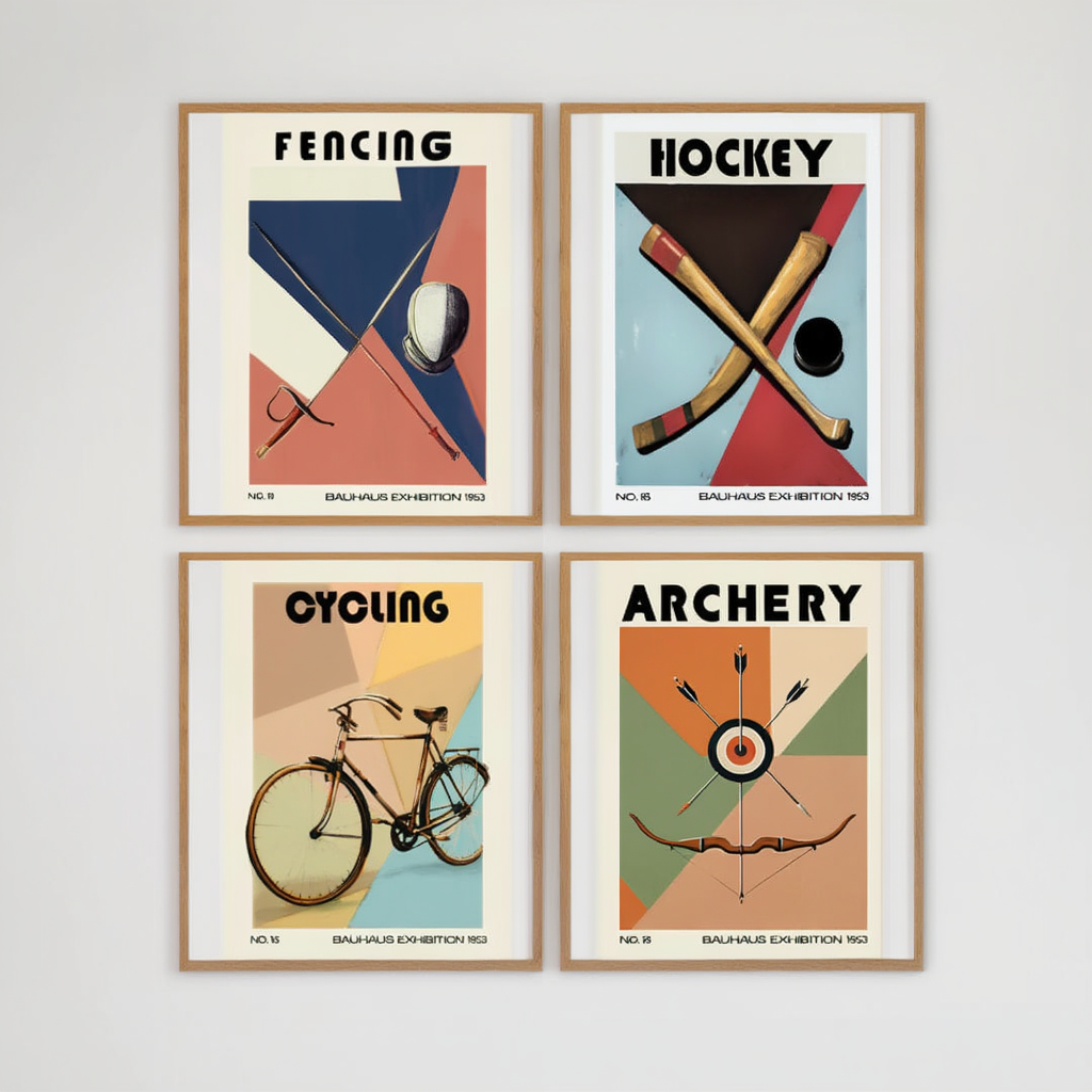 Set of 4 Sports Art Prints – Archery, Fencing, Cycling & Hockey – Modern Wall Decor - Hakyarts