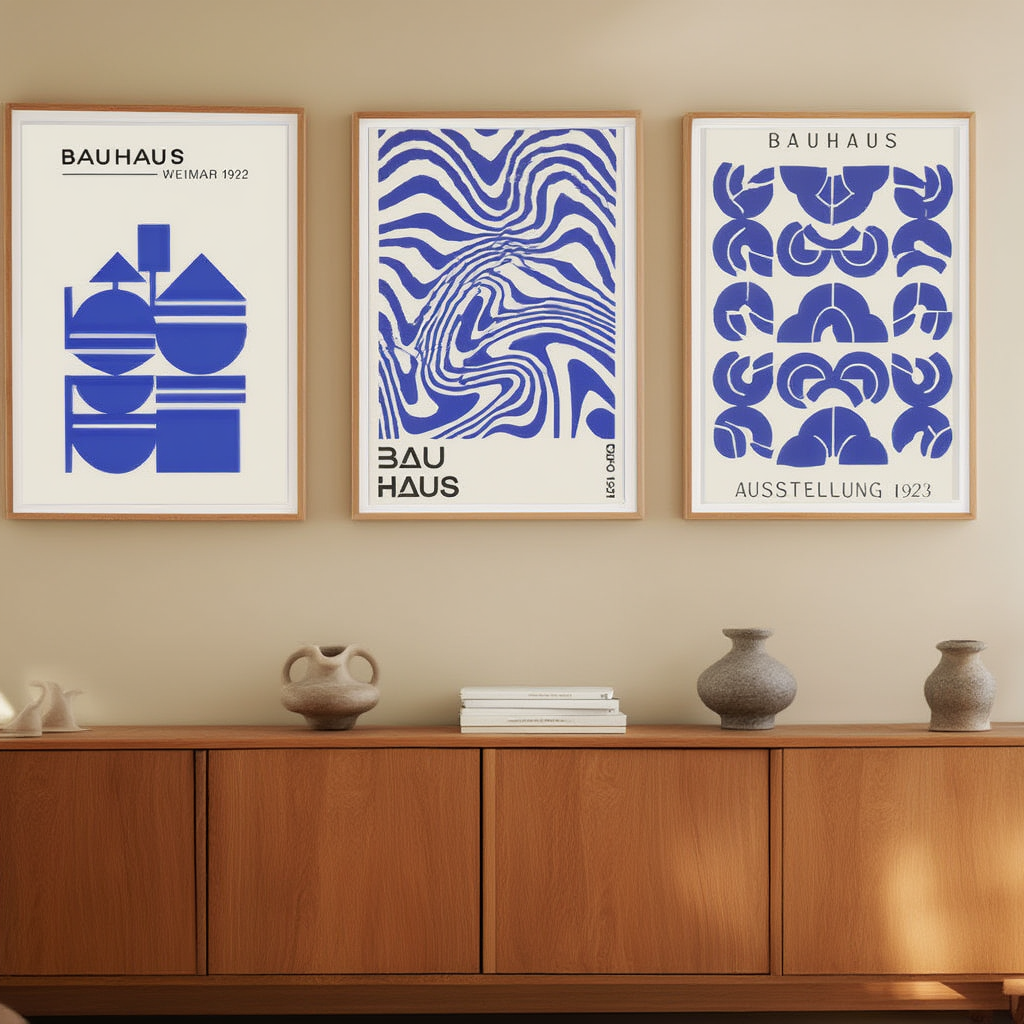 Set of 3 Blue Bauhaus Prints – Minimalist Geometric Wall Art