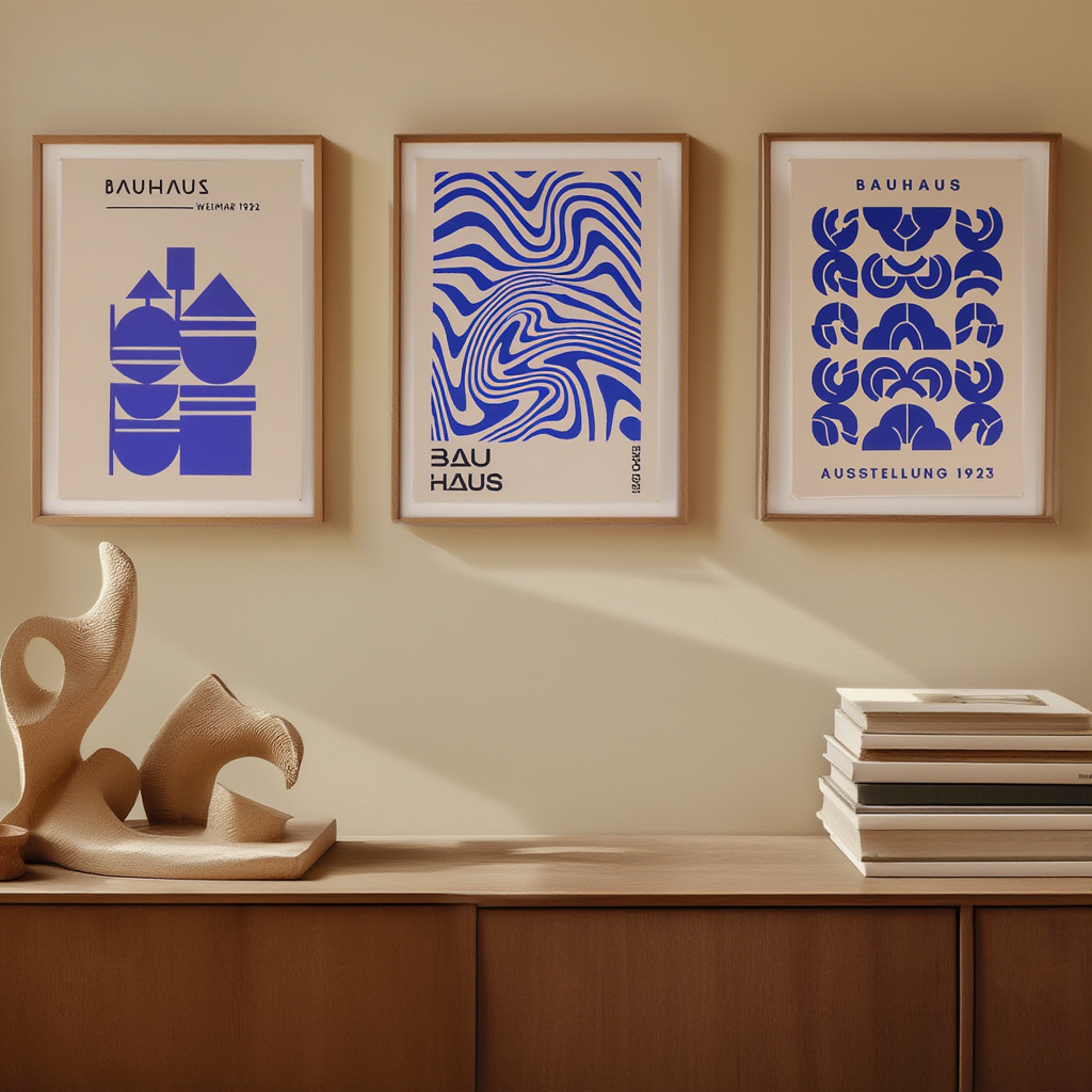 Set of 3 Blue Bauhaus Prints – Minimalist Geometric Wall Art