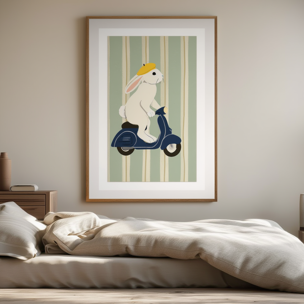 Scooter Rabbit – Green Stripes – Minimalist Wall Art Print