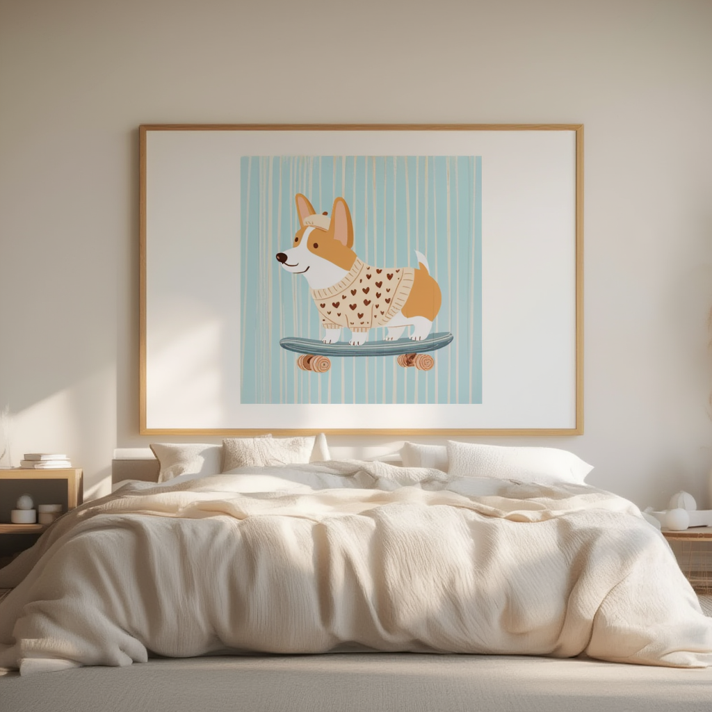 Corgi Skateboard – Playful Mini Deck Wall Art Print