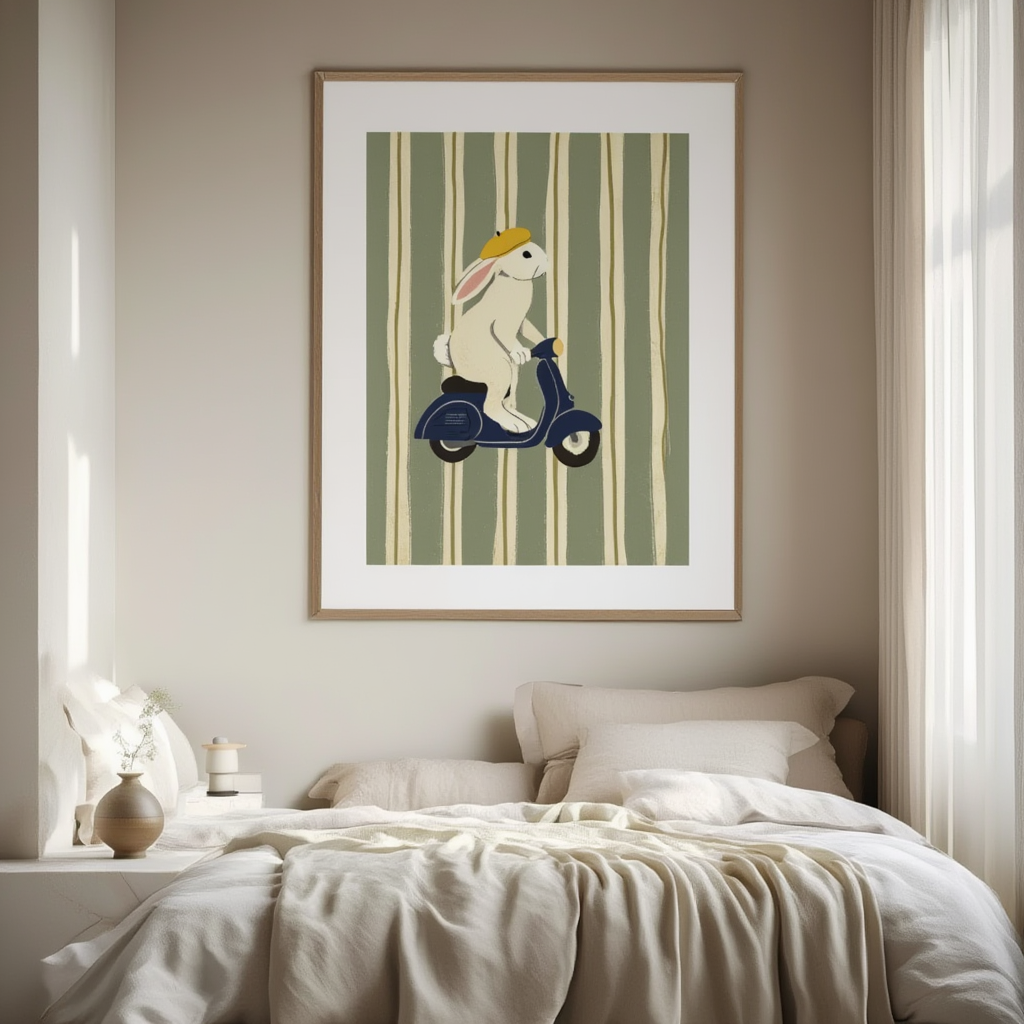 Scooter Rabbit – Green Stripes – Minimalist Wall Art Print