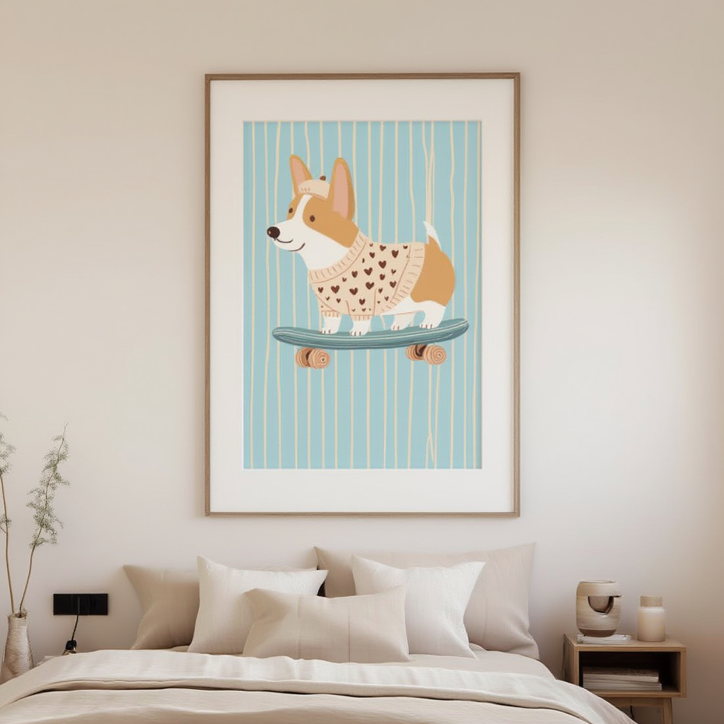 Corgi Skateboard – Playful Mini Deck Wall Art Print
