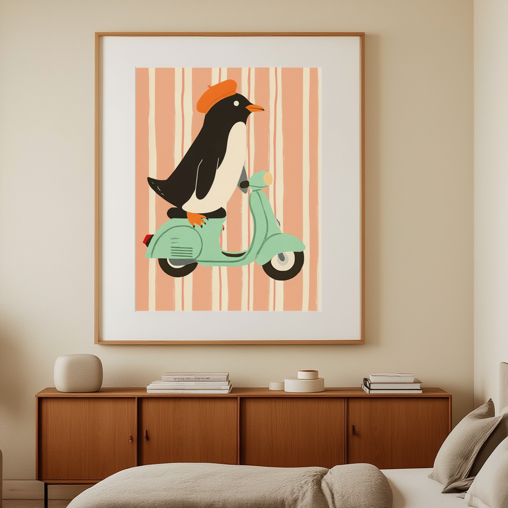 Scooter Penguin – Peach Stripes – Minimalist Wall Art Print