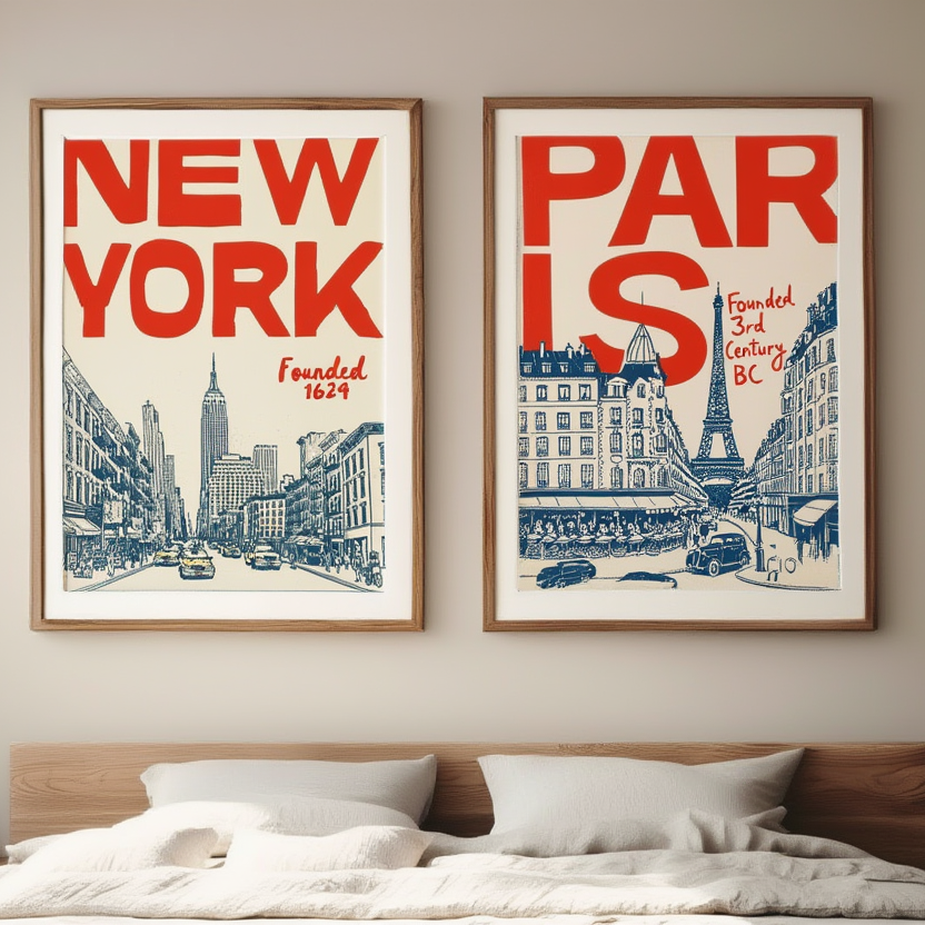 Set of 2 New York & Paris Illustrated Prints