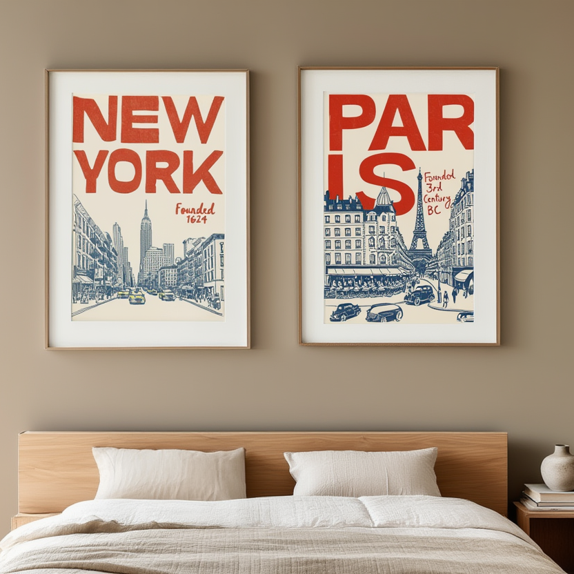 Set of 2 New York & Paris Illustrated Prints