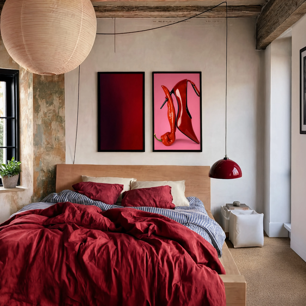 Set of 2 Wall Art Prints – Red Hot Spicy Shoes Fashion Illustration & Red Pool Abstract Art Collection
