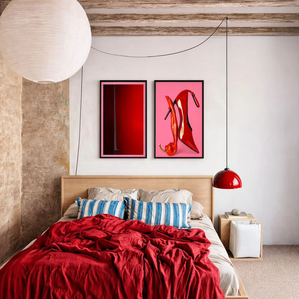 Set of 2 Wall Art Prints – Red Hot Spicy Shoes Fashion Illustration & Red Pool Abstract Art Collection