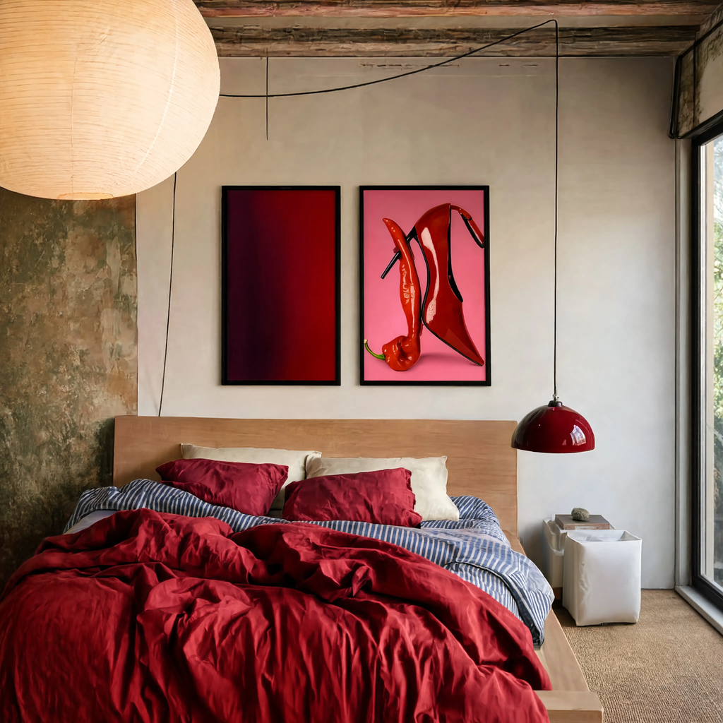 Set of 2 Wall Art Prints – Red Hot Spicy Shoes Fashion Illustration & Red Pool Abstract Art Collection