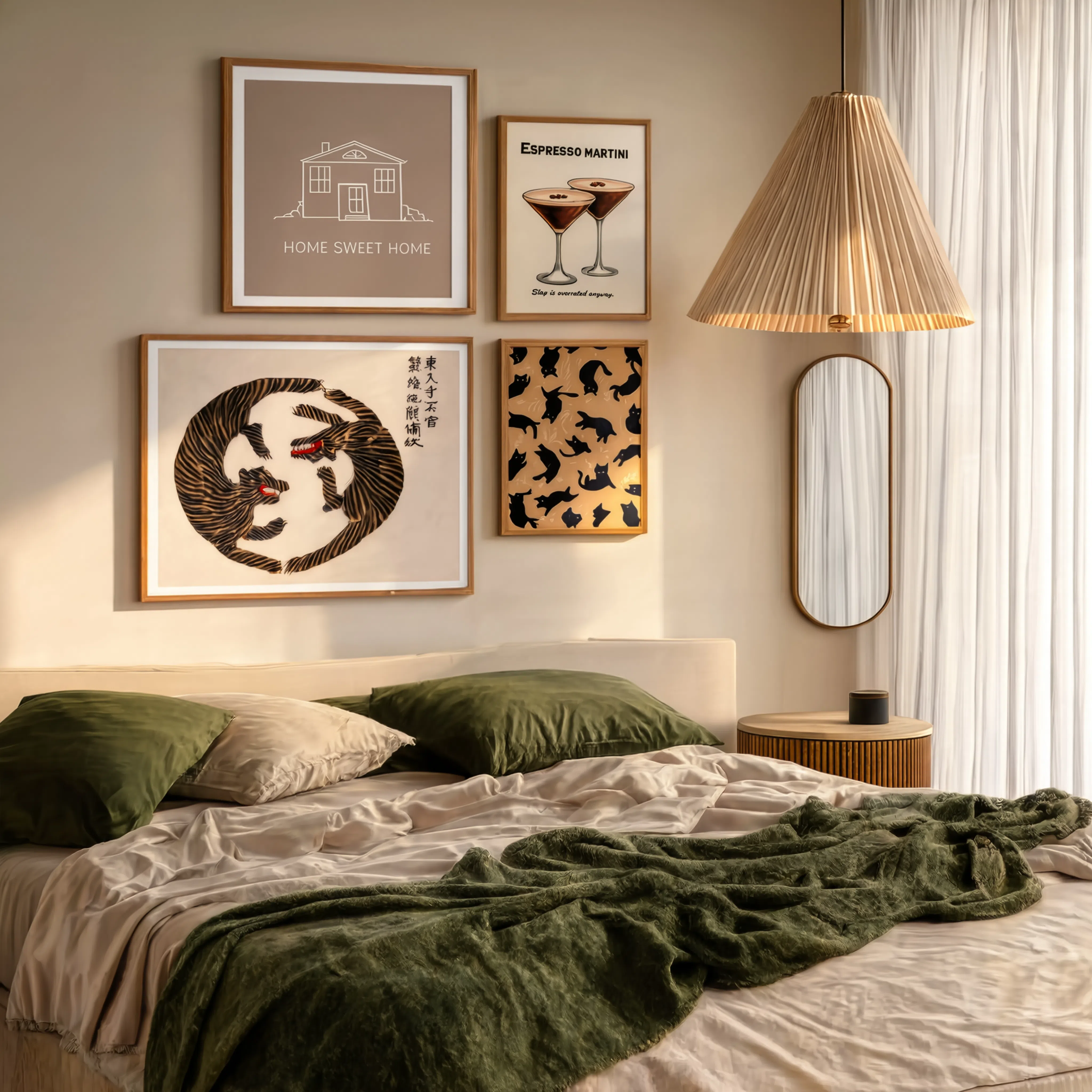 Set of 4 Eclectic Wall Art Prints | Black Cat, Espresso Martini, Tigers & Home Sweet Home