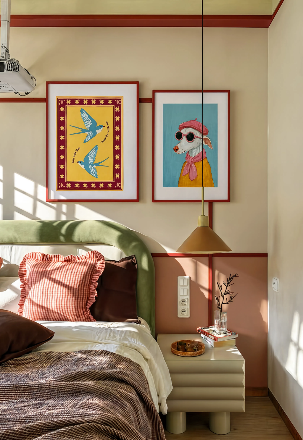 Set of 2 Chic Dog & Burgundy Folk Birds | Contemporary Animal & Folk Wall Art Prints