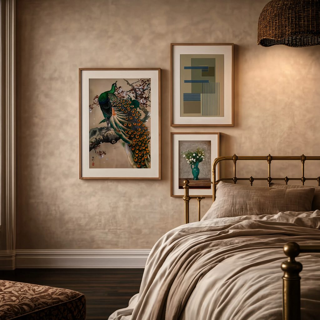 Set of 3 Wall Art Prints – Post-Impressionist Floral Bouquet, Green Abstract Geometry & Japanese Peacock Art Collection