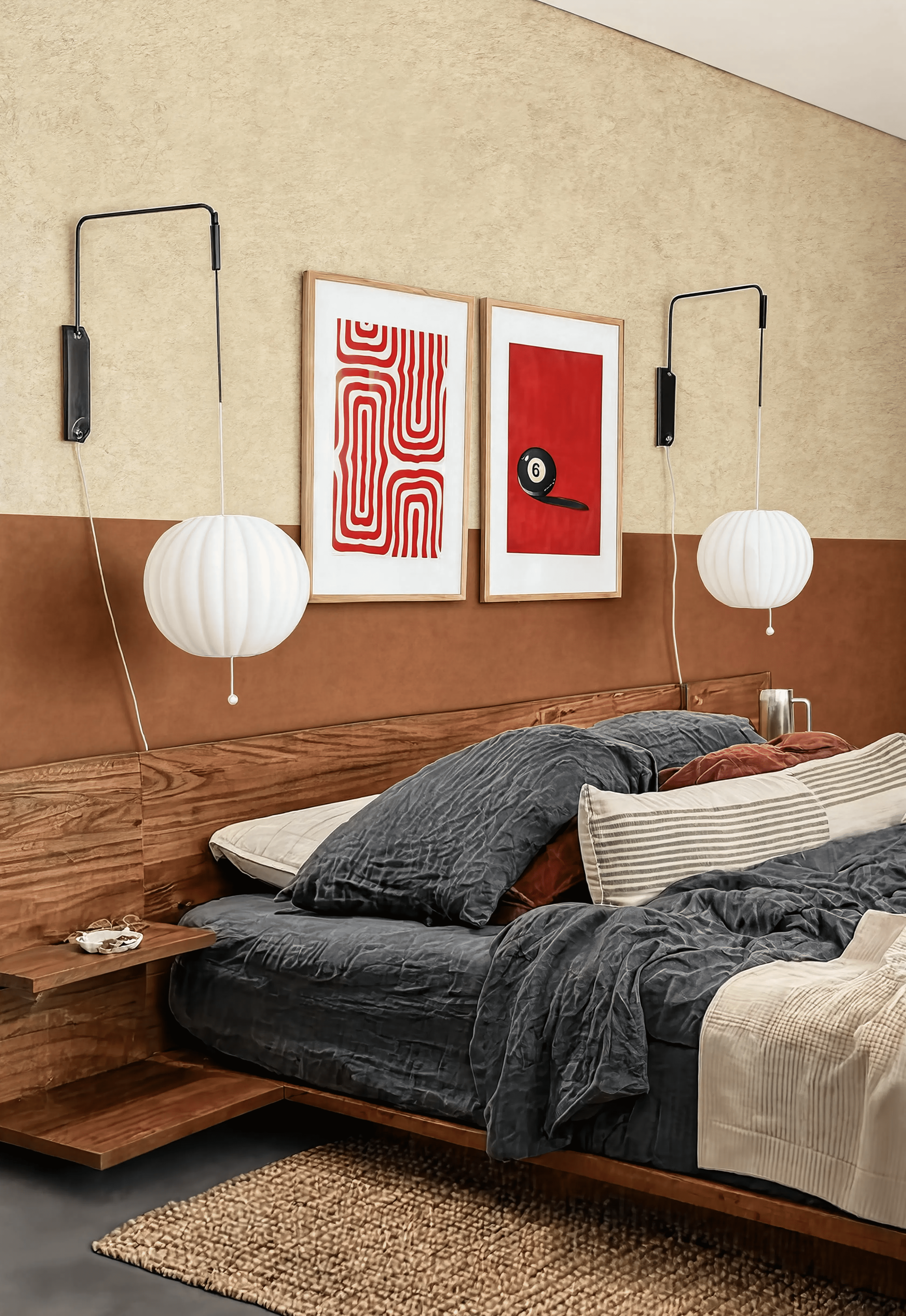 Set of 2 Red Abstract Wall Art Prints – Geometric Maze & Black Pool Ball Number 6 Minimalist Gallery Set
