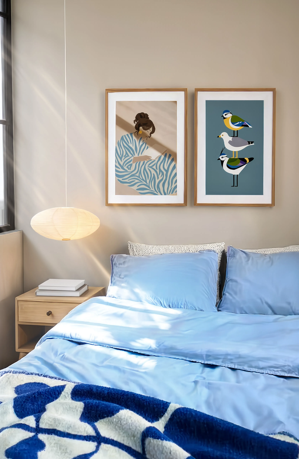 Set of 2 Blue Mustard Bouquet & Serene Figure Painting Variation II | Contemporary Botanical & Figurative Wall Art