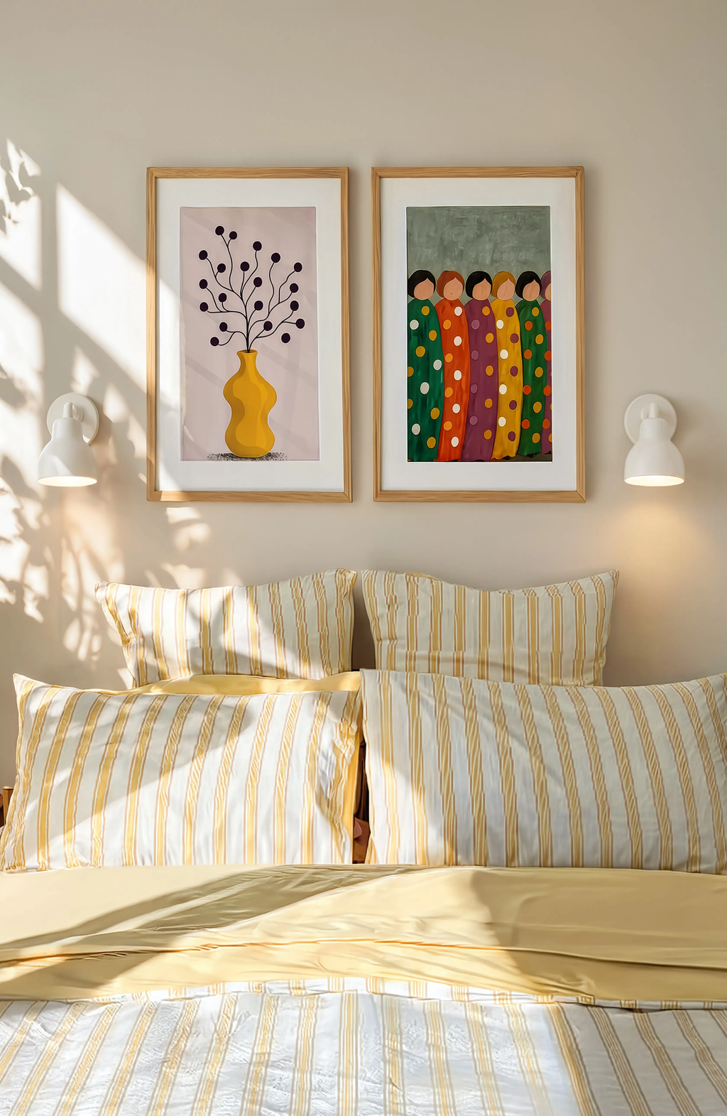 Set of 2 Emerald Plum Figures & Vase and Branches – Mustard Hues | Contemporary Figurative & Botanical Still Life Wall Art