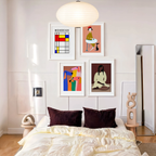 Set of 4 Modern Wall Art Prints | Mondrian Abstract, Figurative Forms, Cute Dogs & Café Scene Gallery Wall