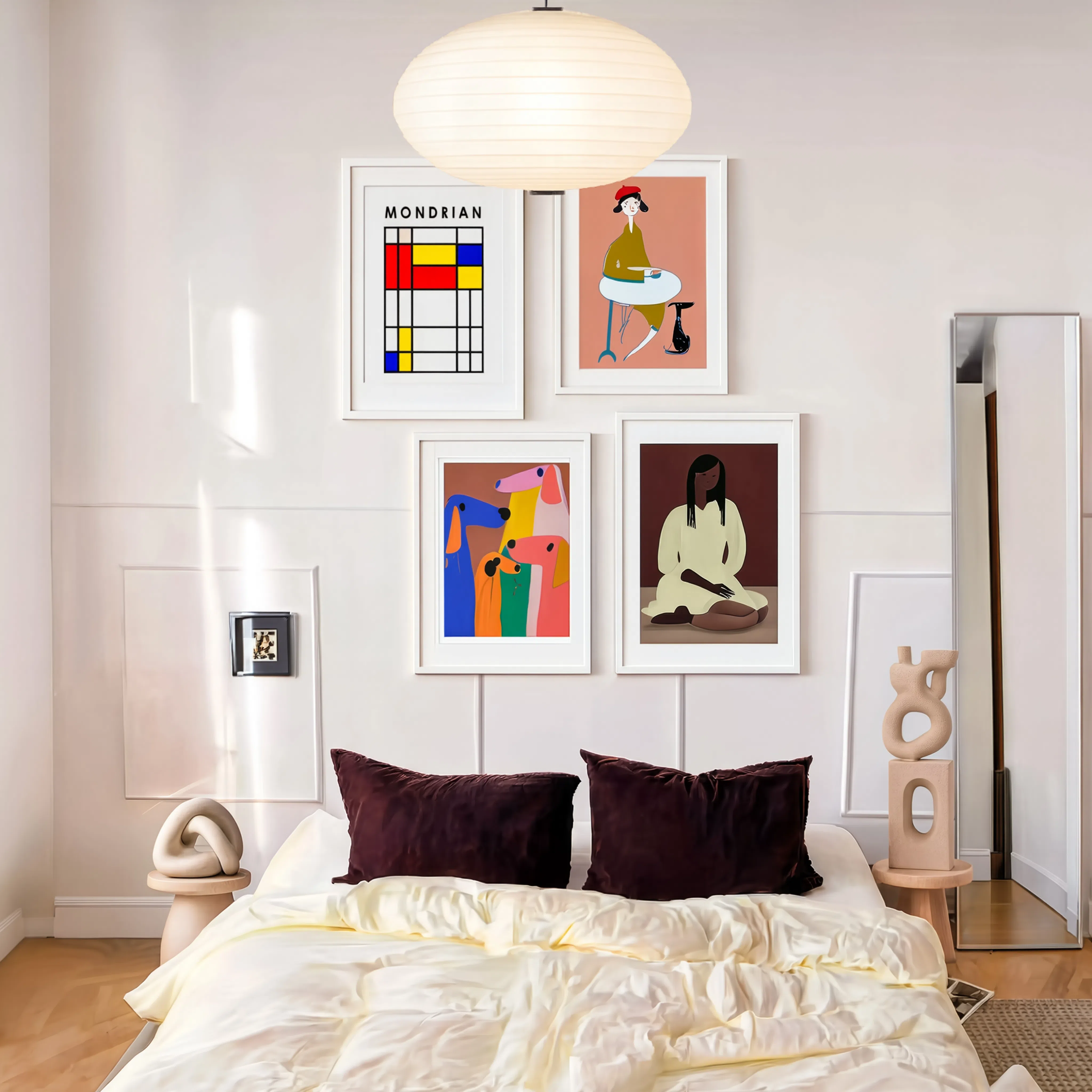 Set of 4 Modern Wall Art Prints | Mondrian Abstract, Figurative Forms, Cute Dogs & Café Scene Gallery Wall