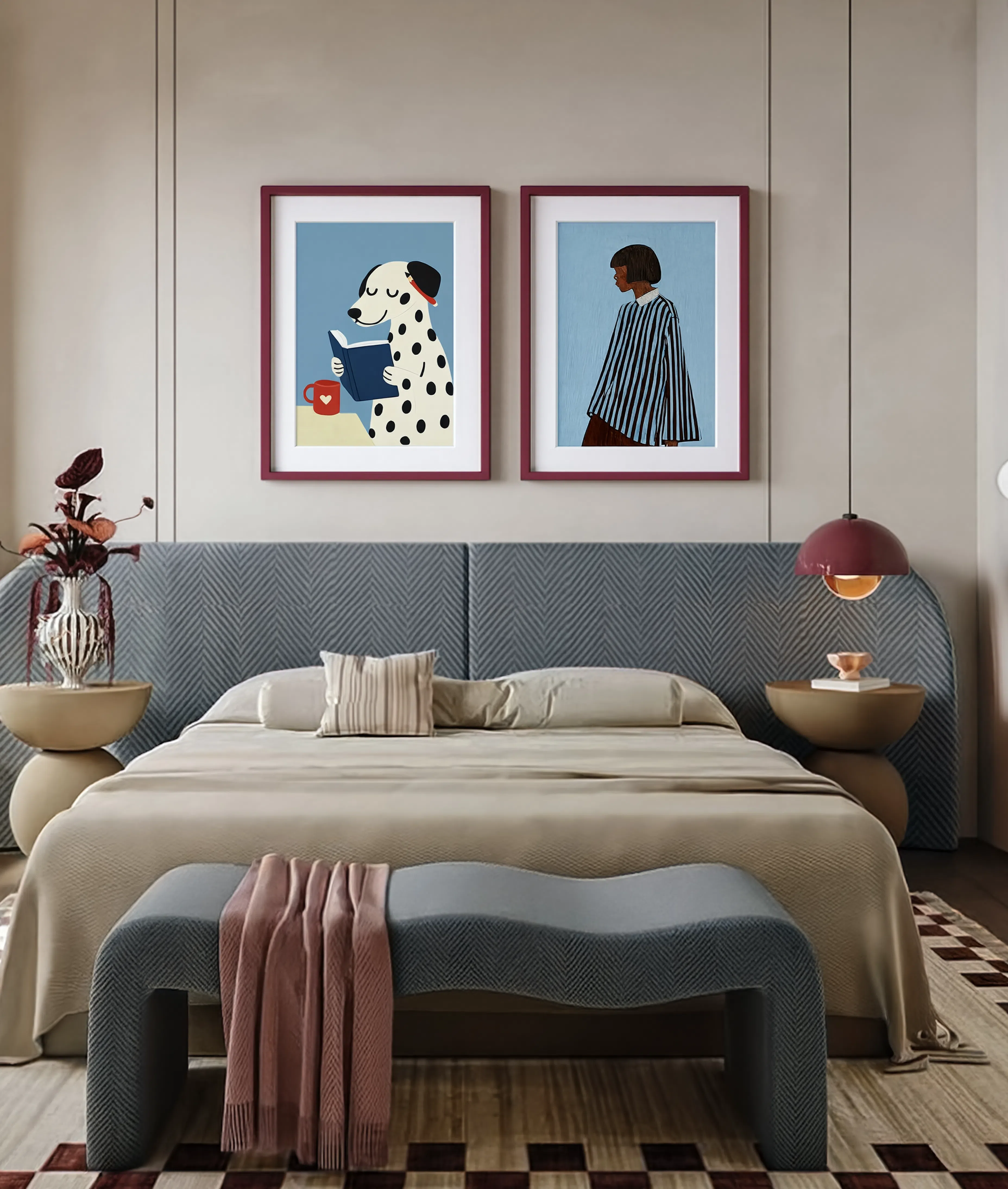 Set of 2 Minimalist Dalmatian Reading + Figurative Striped Shirt Print | Whimsical & Contemporary Wall Art Prints