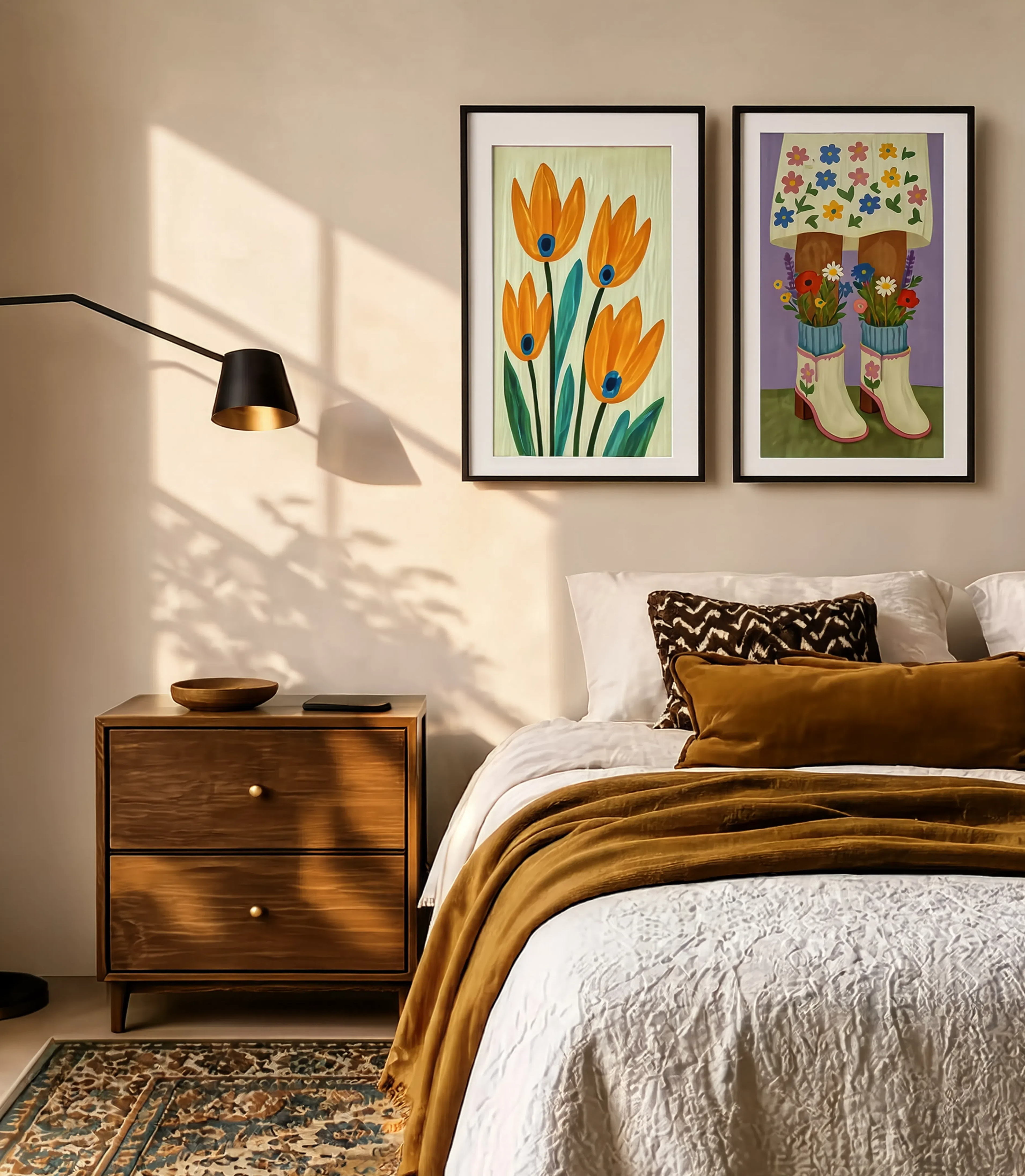 Set of 2 Folk Tulips – Autumn Variation & Floral Legs & Boots II | Contemporary Botanical & Figurative Wall Art Prints