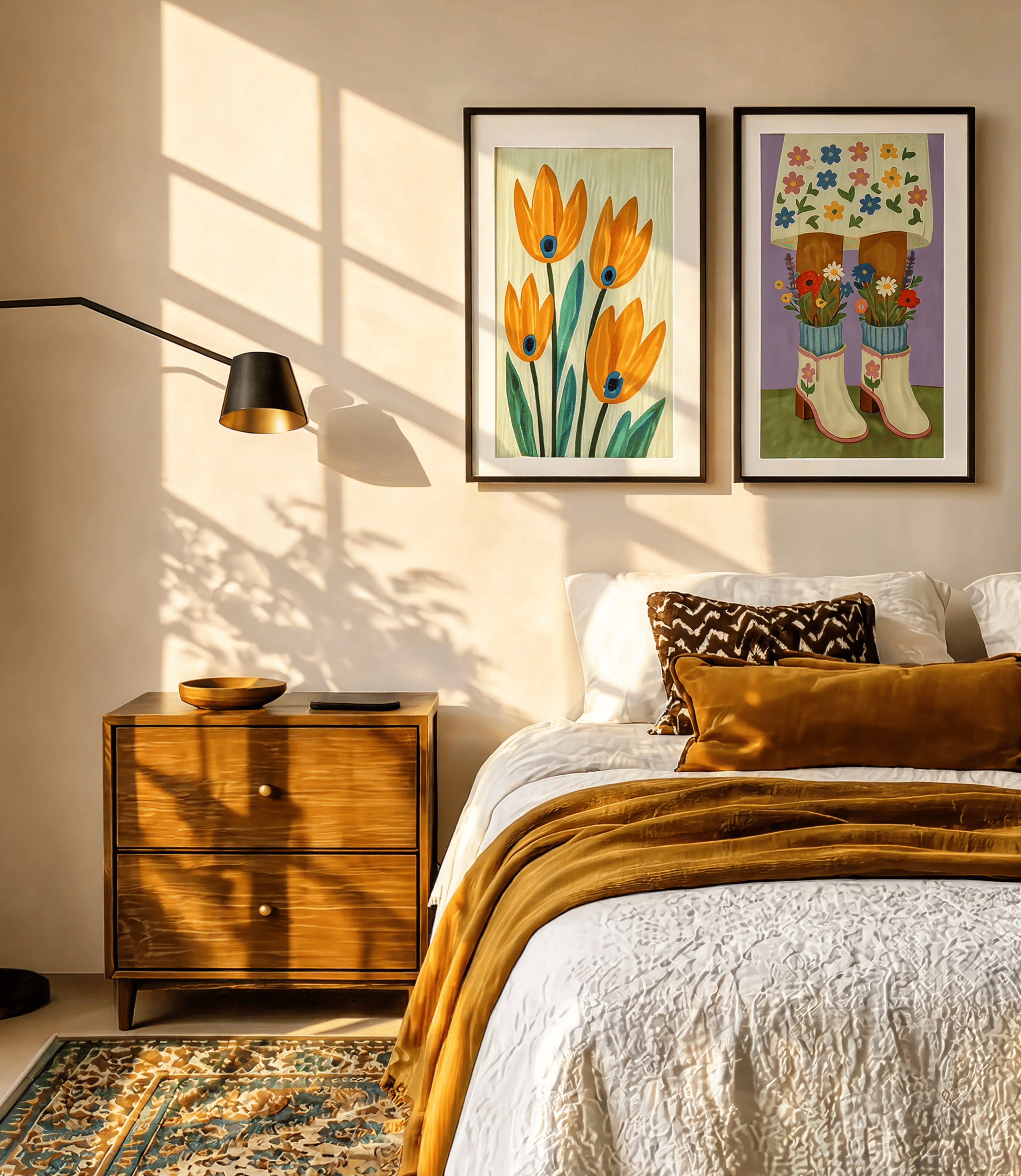 Set of 2 Folk Tulips – Autumn Variation & Floral Legs & Boots II | Contemporary Botanical & Figurative Wall Art Prints