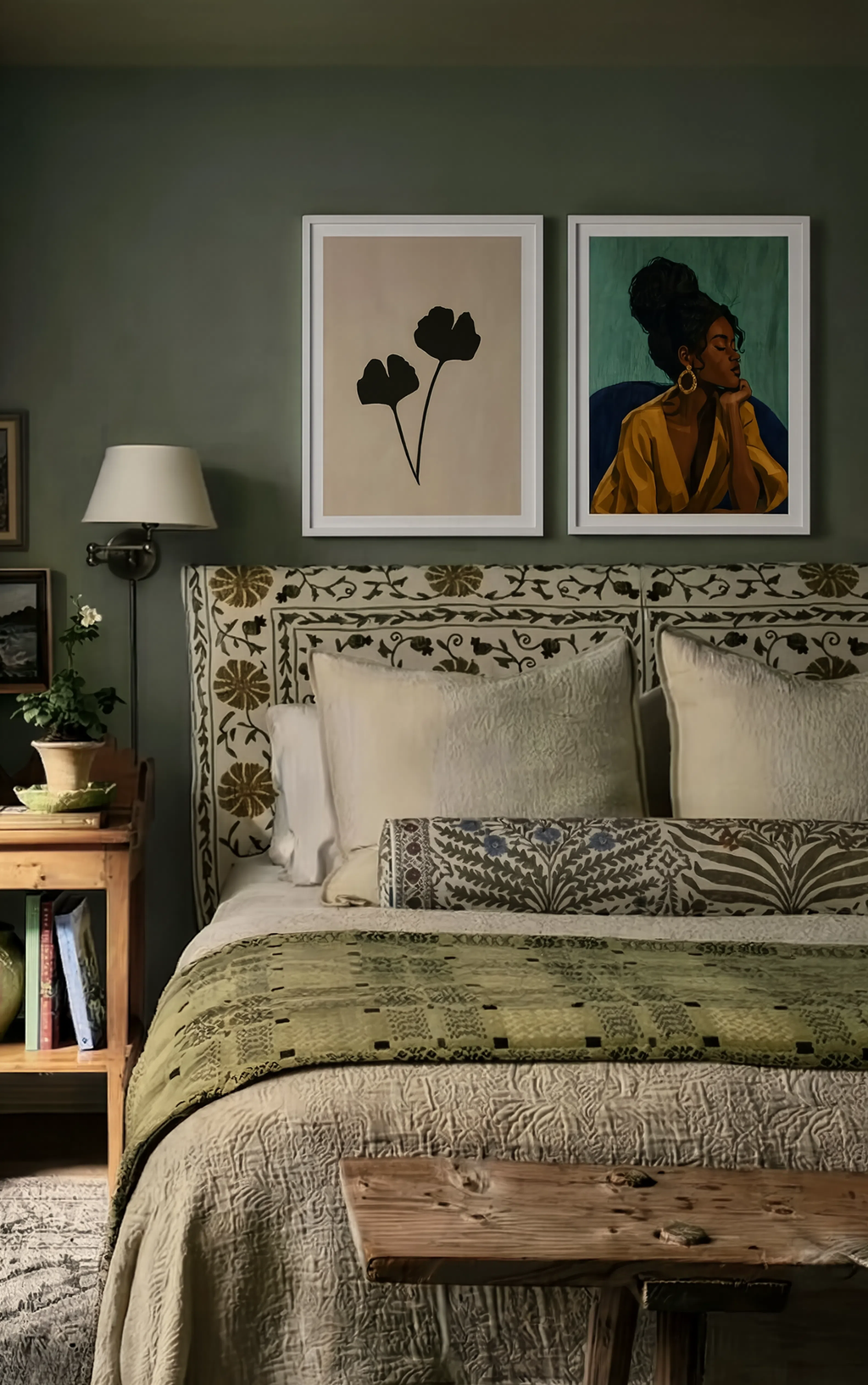 Set of 2 Serene Black Woman & Elegant Leaves Prints | Scandinavian Wall Art Set