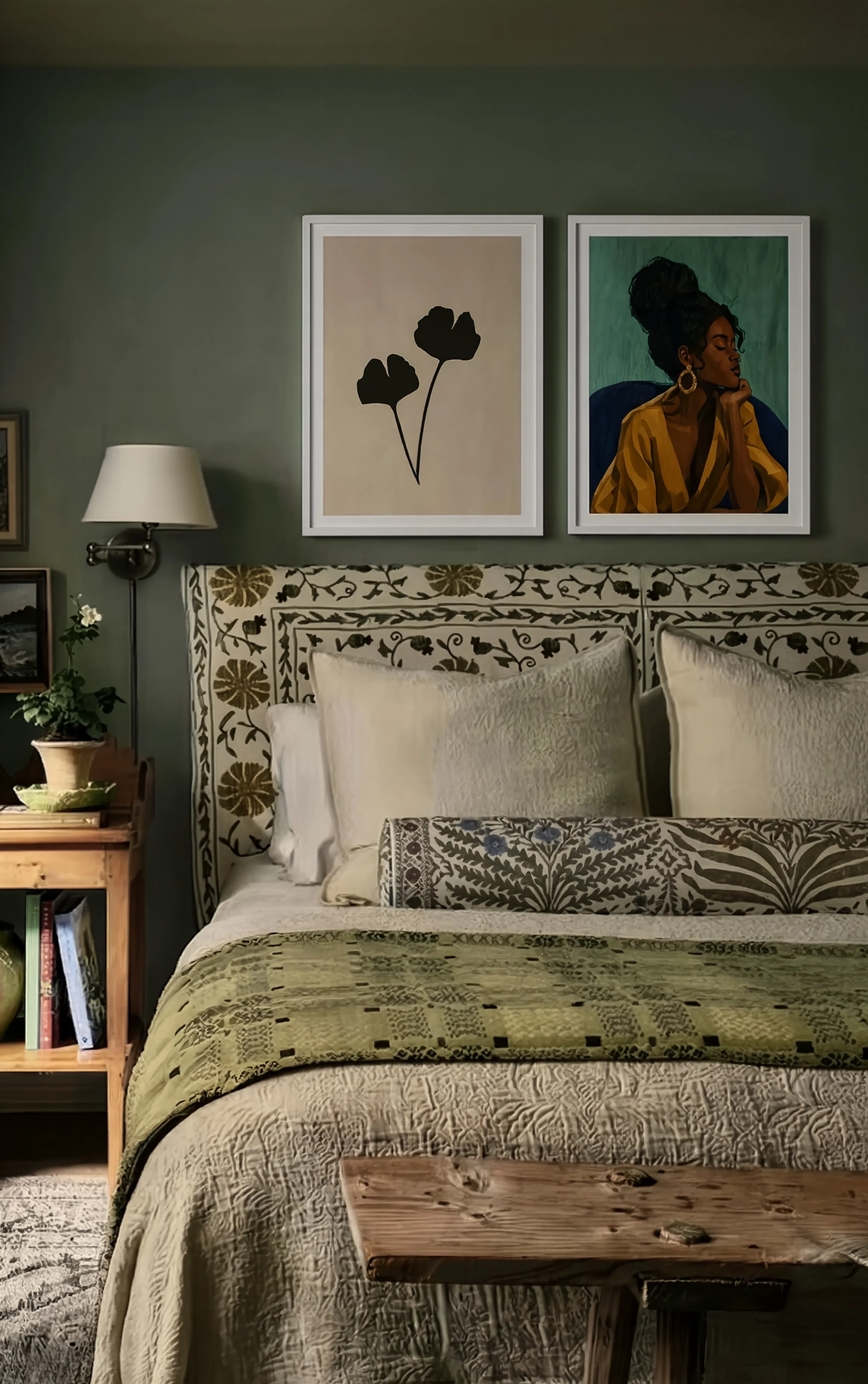 Set of 2 Serene Black Woman & Elegant Leaves Prints | Scandinavian Wall Art Set