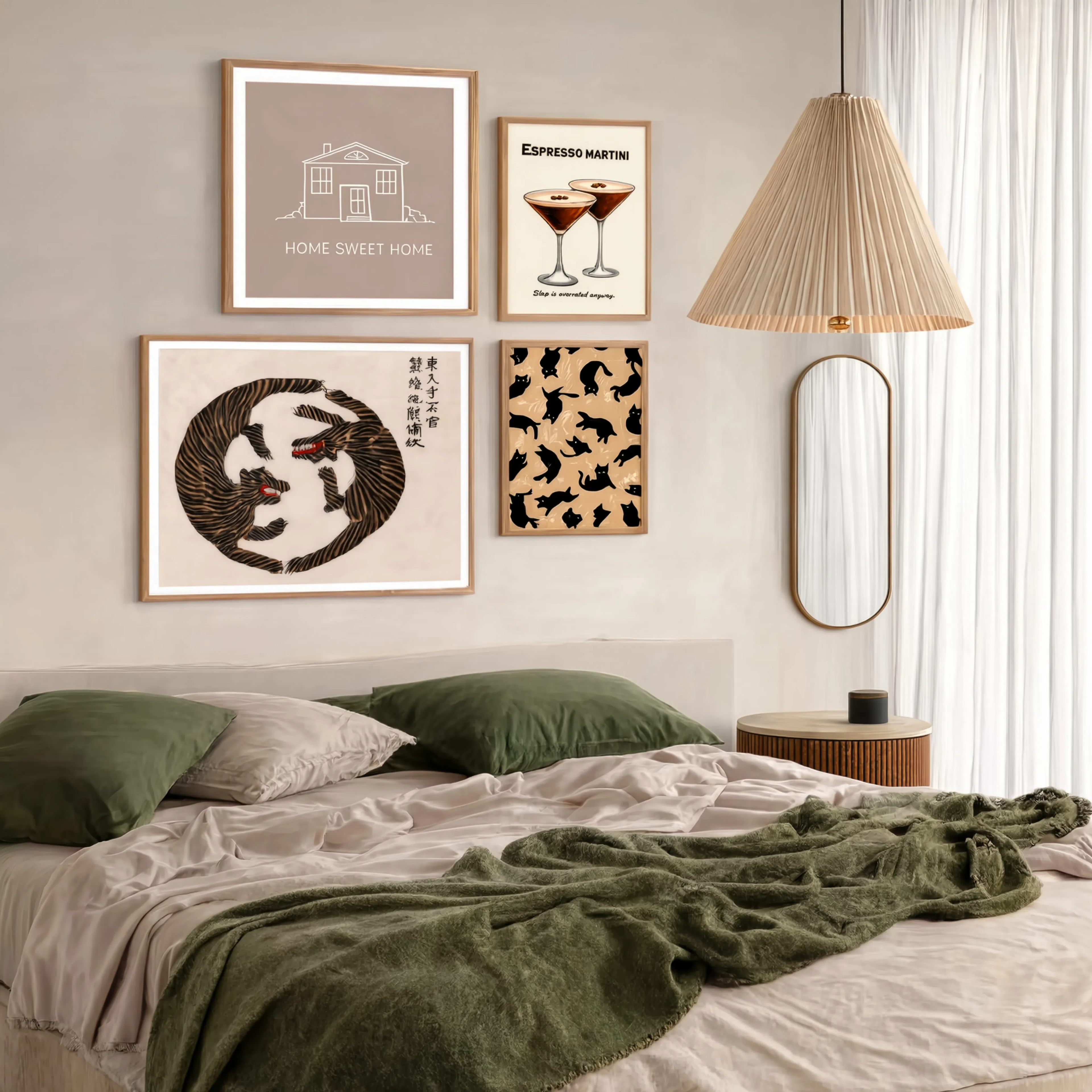 Set of 4 Eclectic Wall Art Prints | Black Cat, Espresso Martini, Tigers & Home Sweet Home