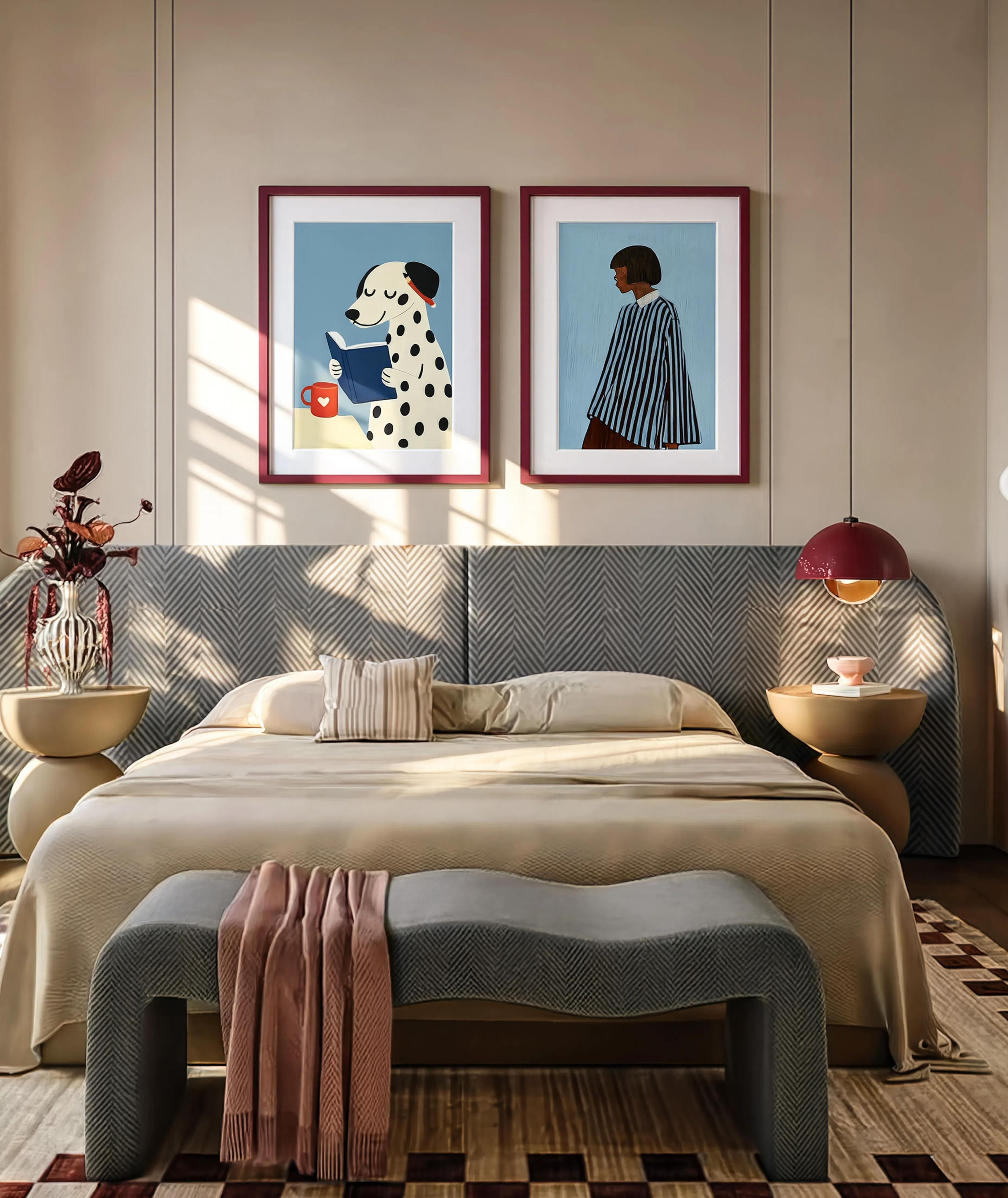 Set of 2 Minimalist Dalmatian Reading + Figurative Striped Shirt Print | Whimsical & Contemporary Wall Art Prints