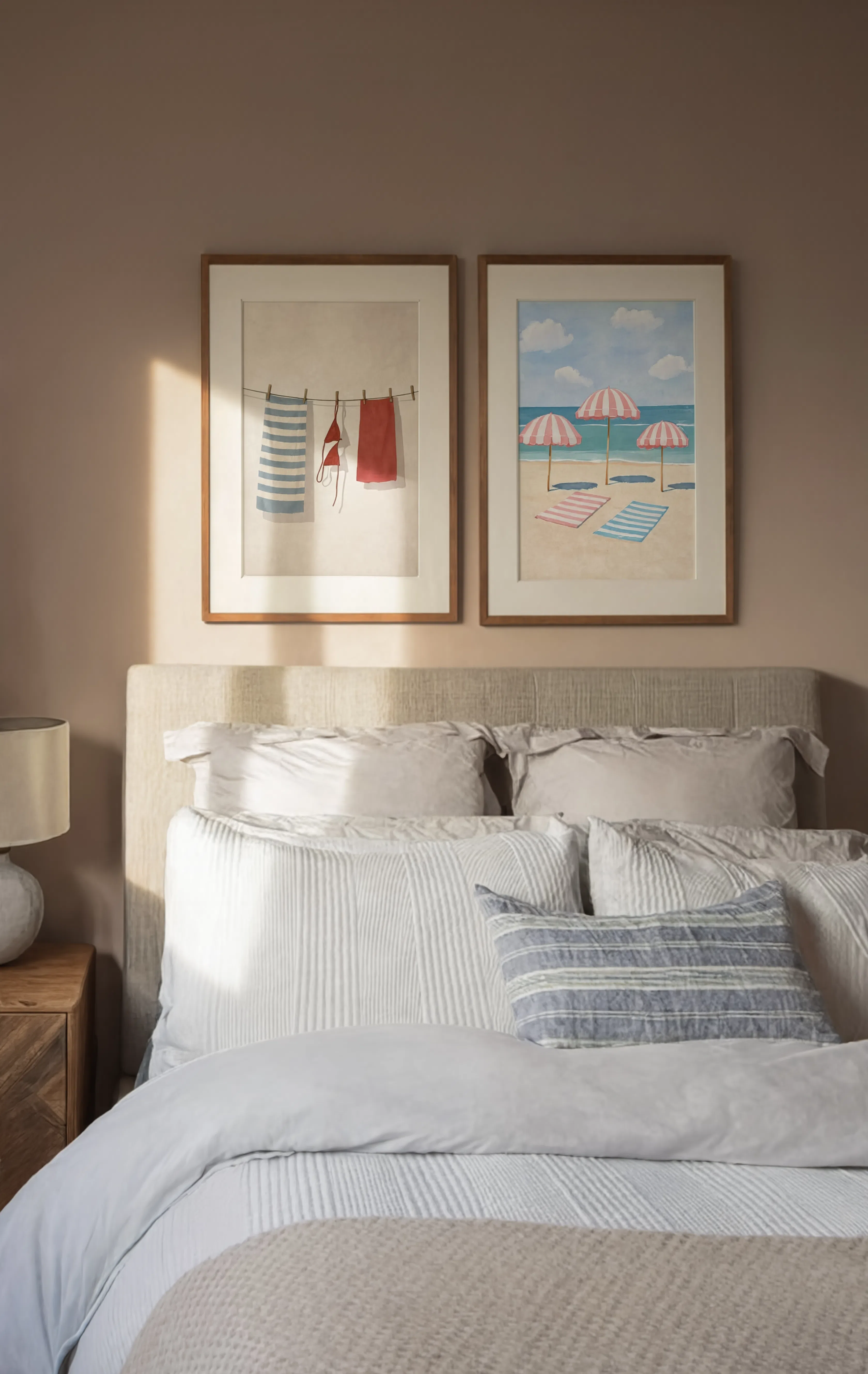 Set of 2 Hanging Laundry – Blue Stripes & Pastel Beach Painting | Coastal Mediterranean Wall Art