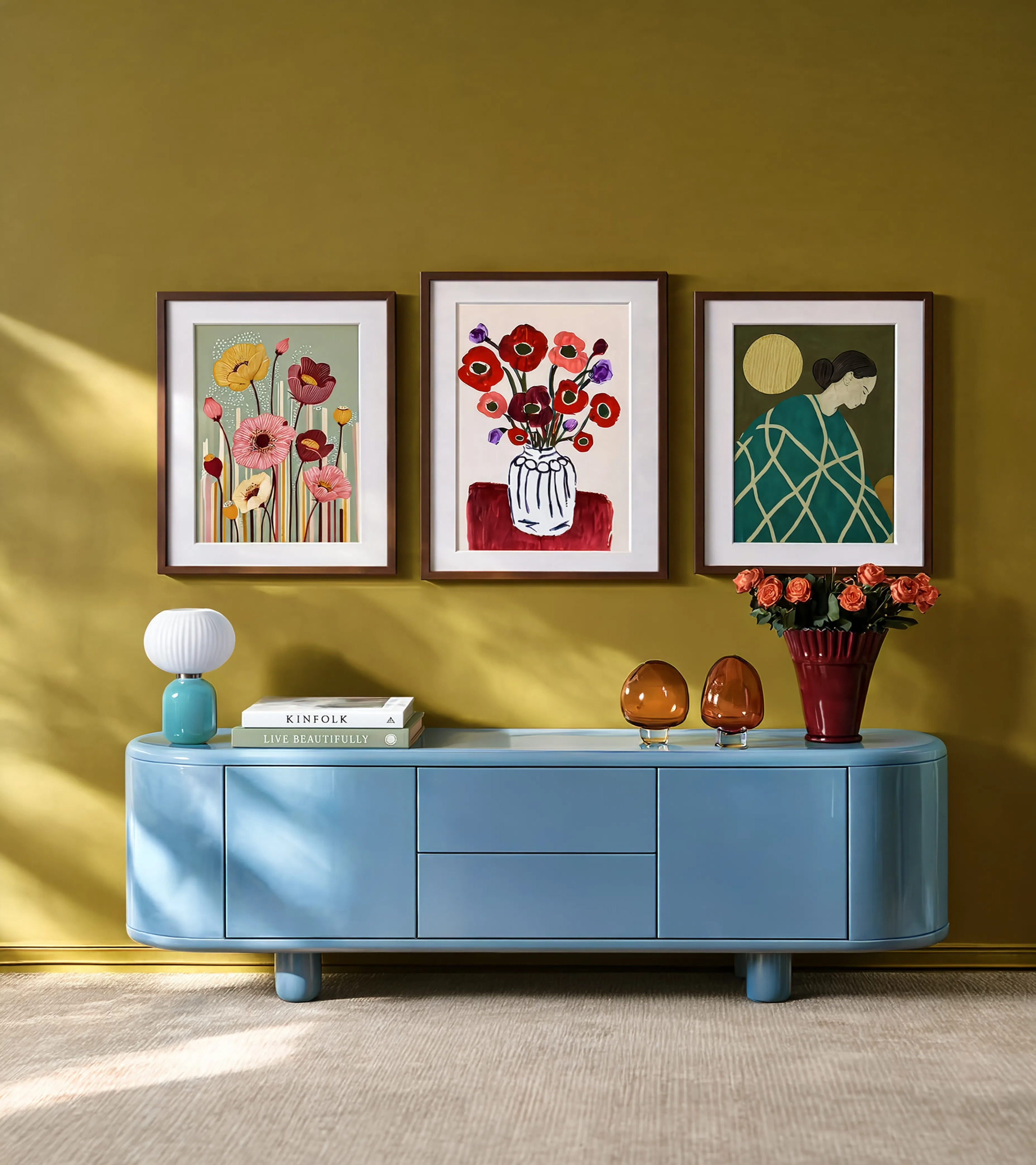 Set of 3 Seasonal Figurative & Crimson Florals | Contemporary Figurative & Botanical Art Prints