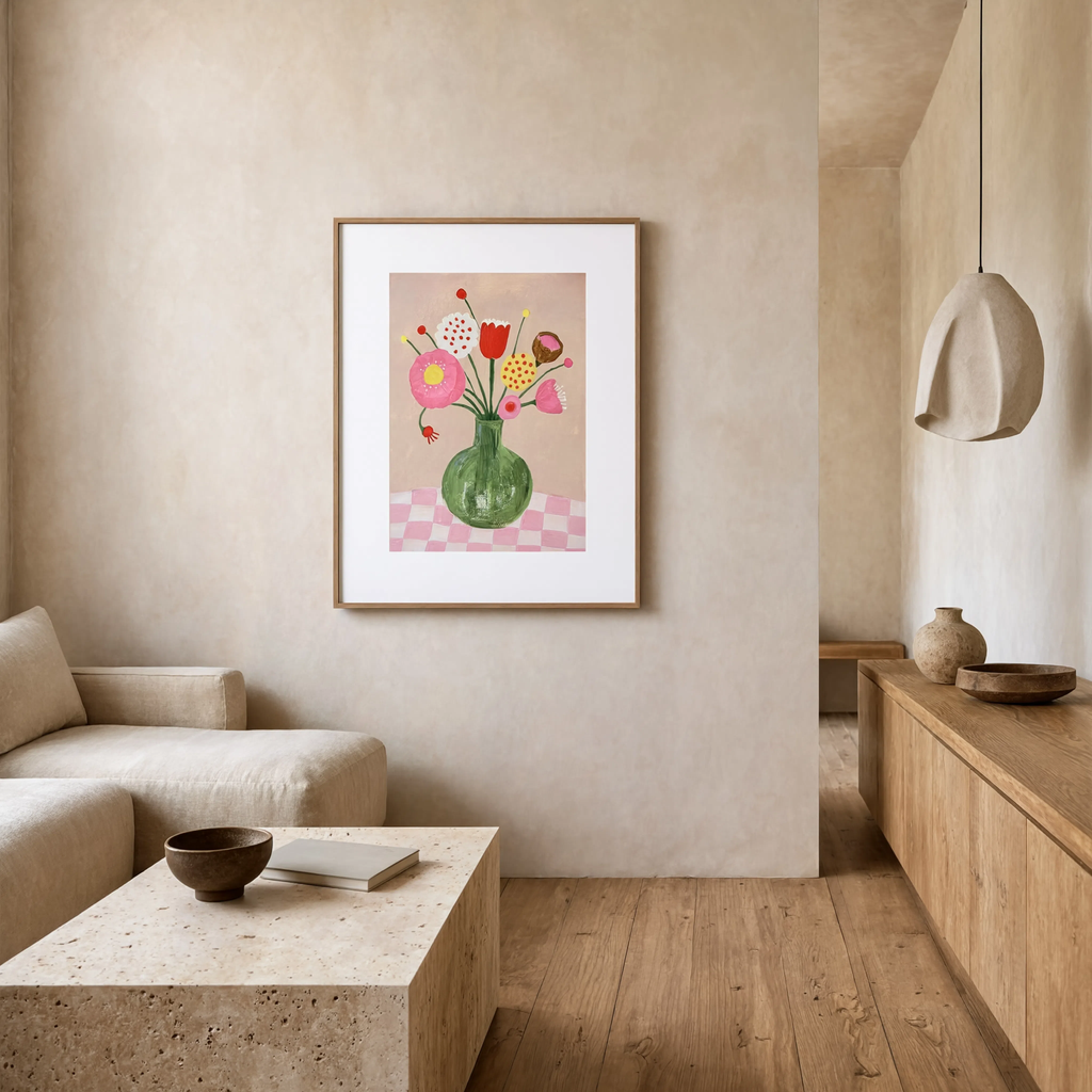 Chequered Pink Floral | Contemporary Botanical Wall Art