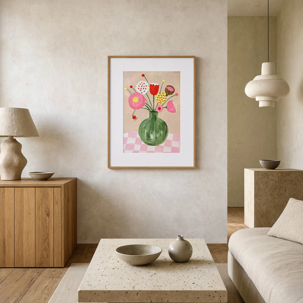 Chequered Pink Floral | Contemporary Botanical Wall Art