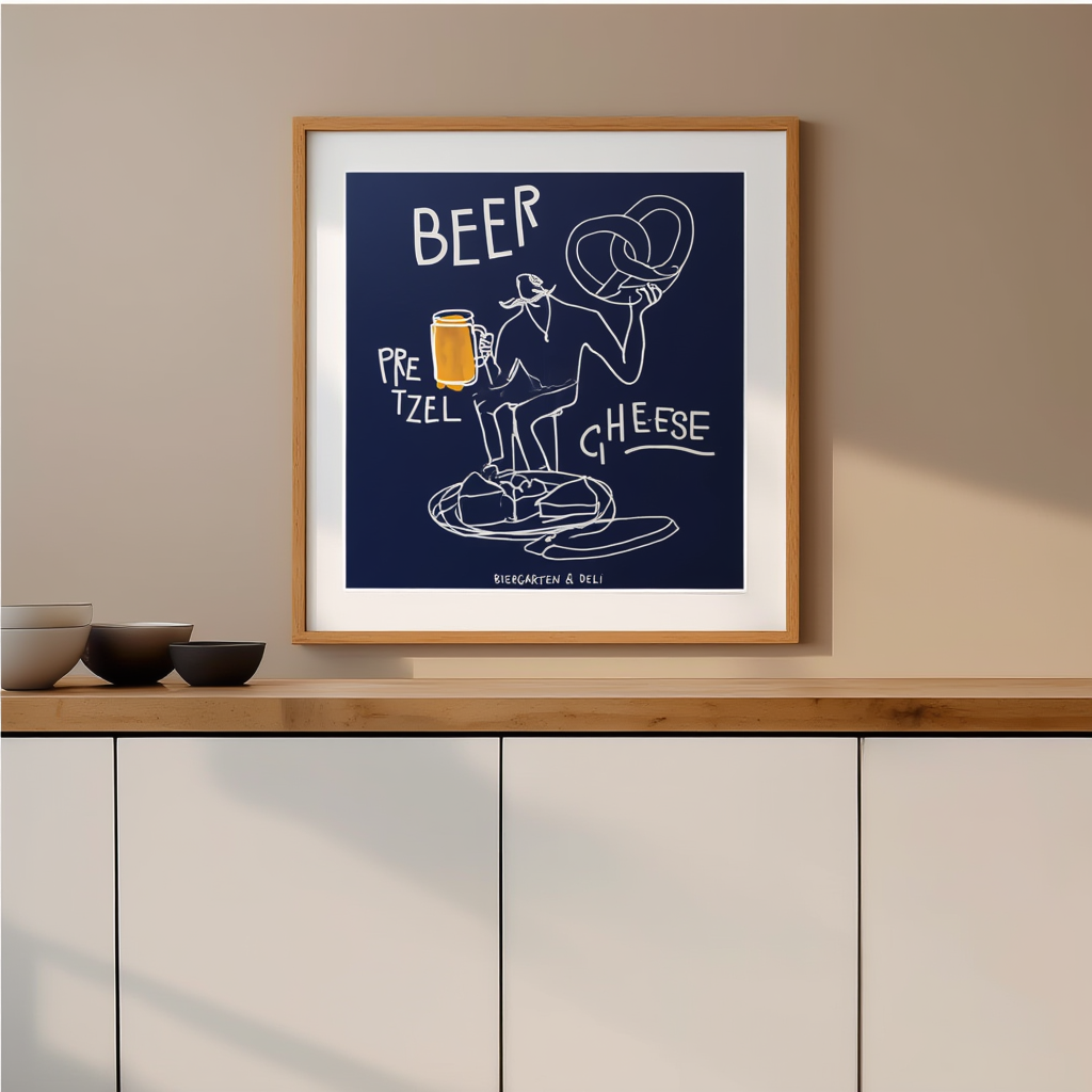 Beer, Pretzel, Cheese – Modern Kitchen Lifestyle Poster – Contemporary Wall Art Print