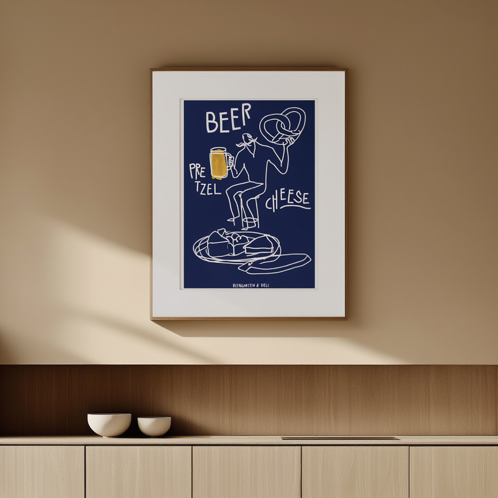 Beer, Pretzel, Cheese – Modern Kitchen Lifestyle Poster – Contemporary Wall Art Print
