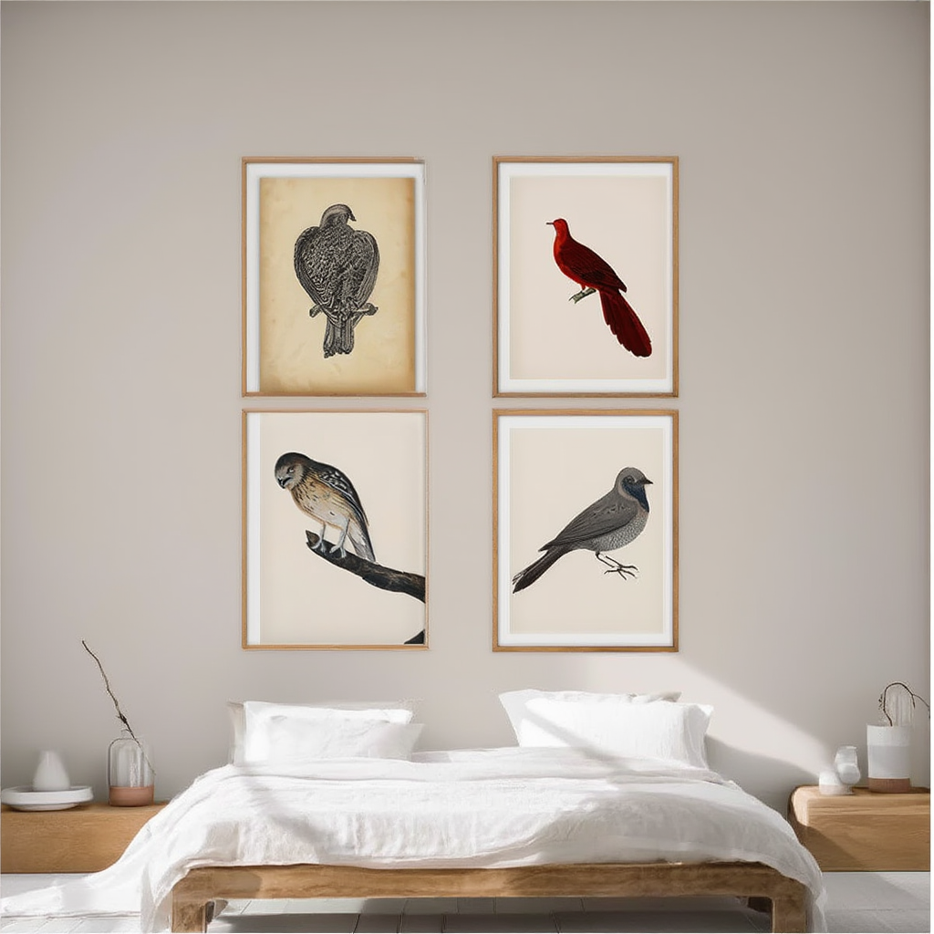 Vintage Aviary – 4-Piece Bird Art Prints Set - Hakyarts