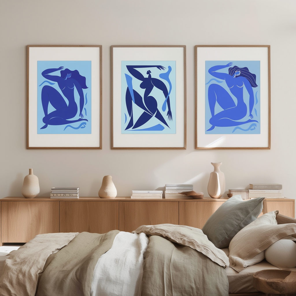 Abstract Blue Matisse Line Girl – Set of 3