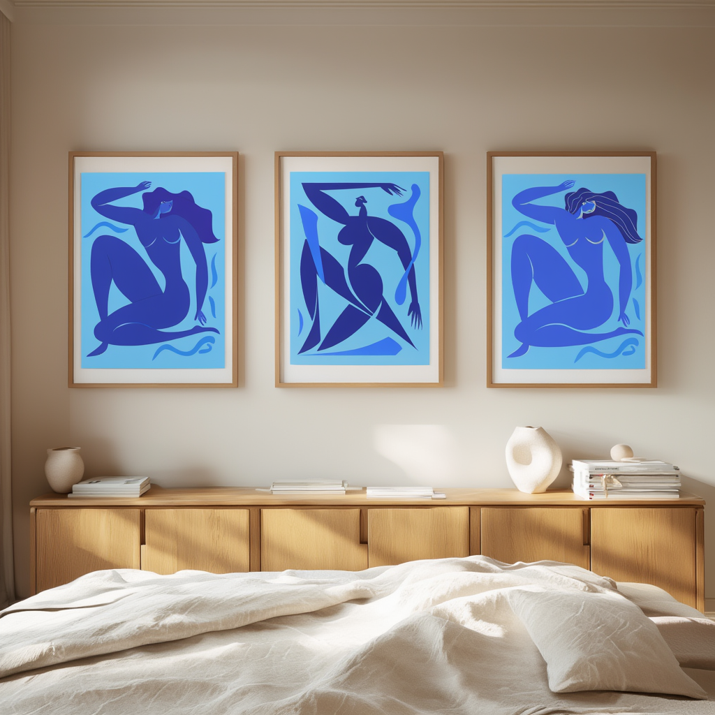 Abstract Blue Matisse Line Girl – Set of 3