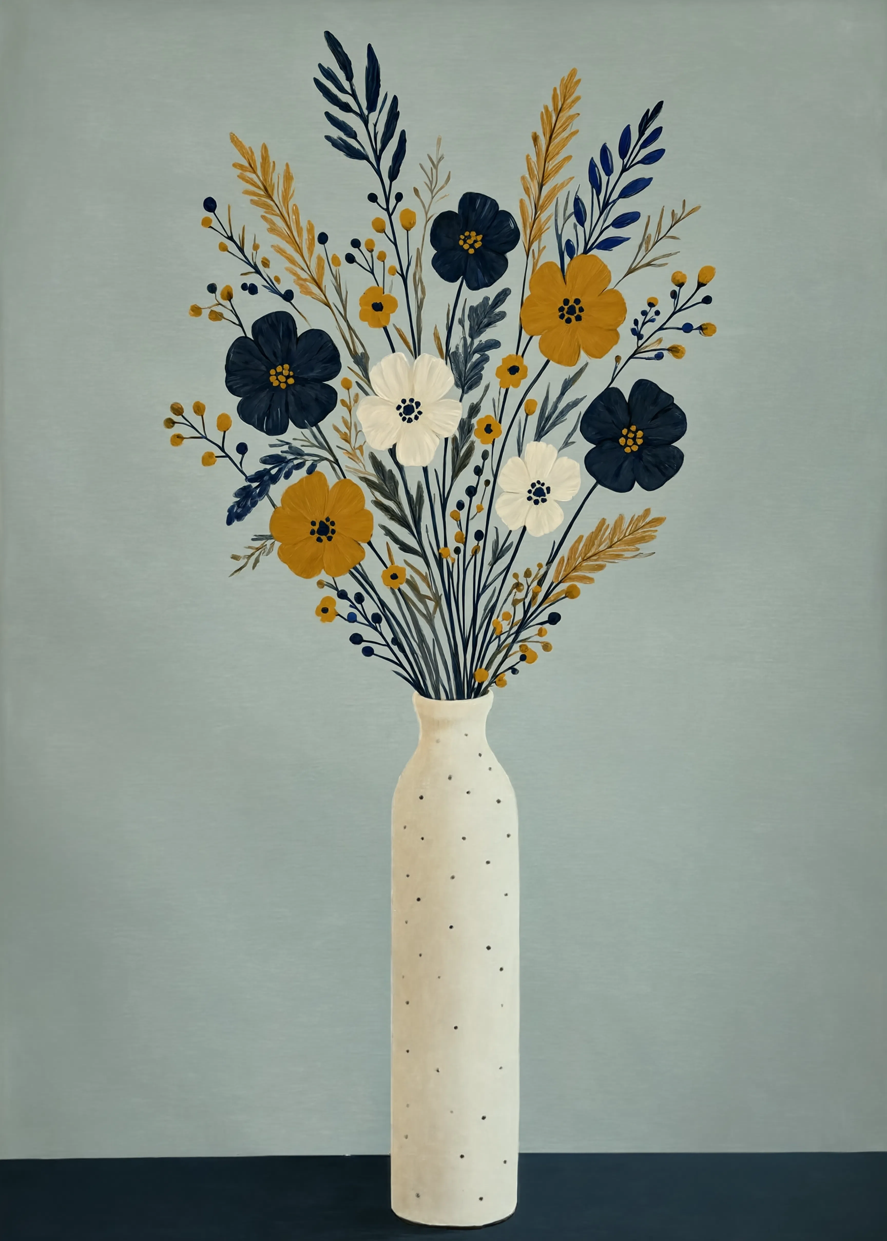 Set of 2 Blue Mustard Bouquet & Serene Figure Painting Variation II | Contemporary Botanical & Figurative Wall Art